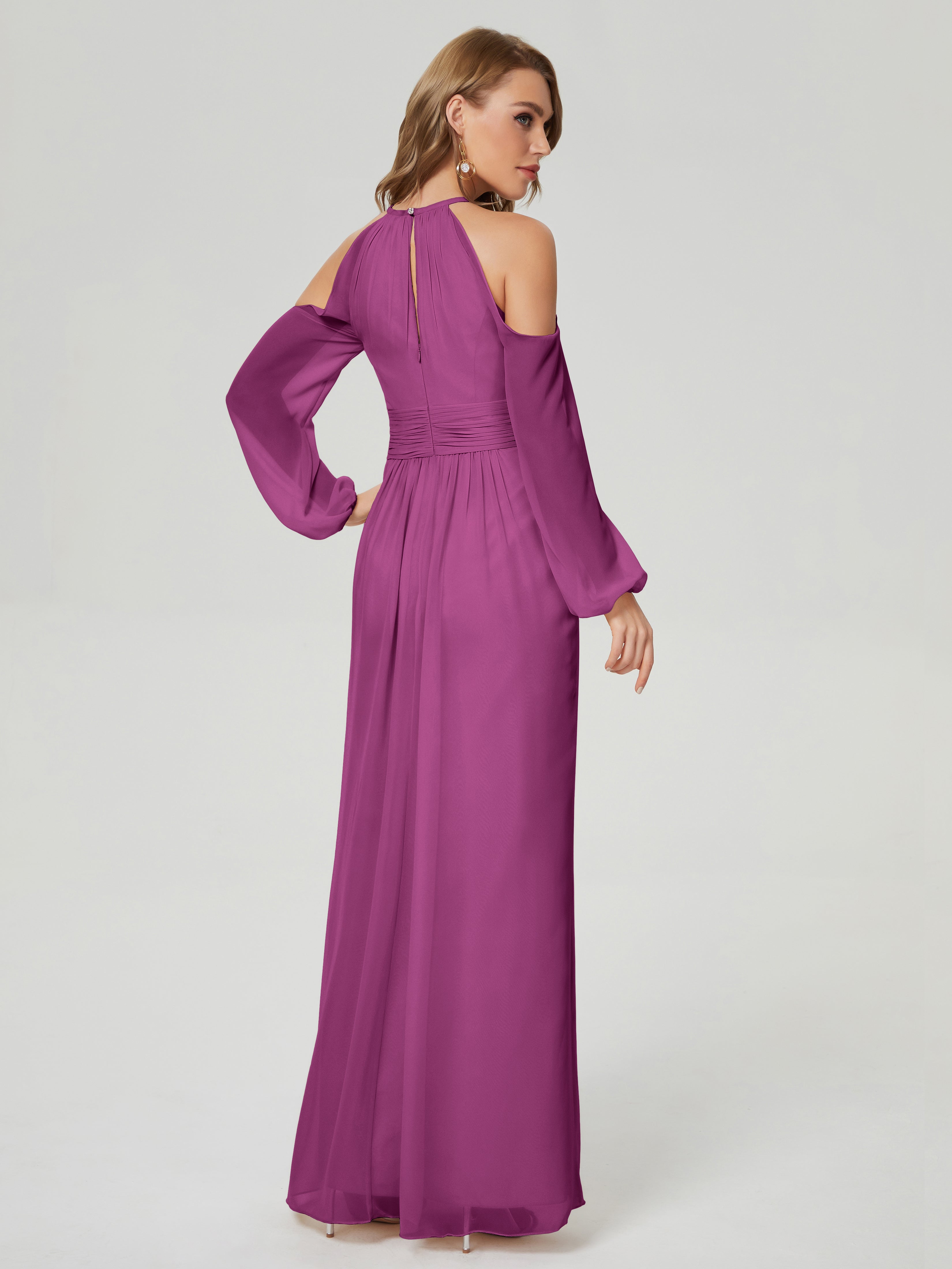 Robes De Demoiselle D'Honneur Orchidée Manches Longues Licou Mousseline Robe De Demoiselle D'Honneur