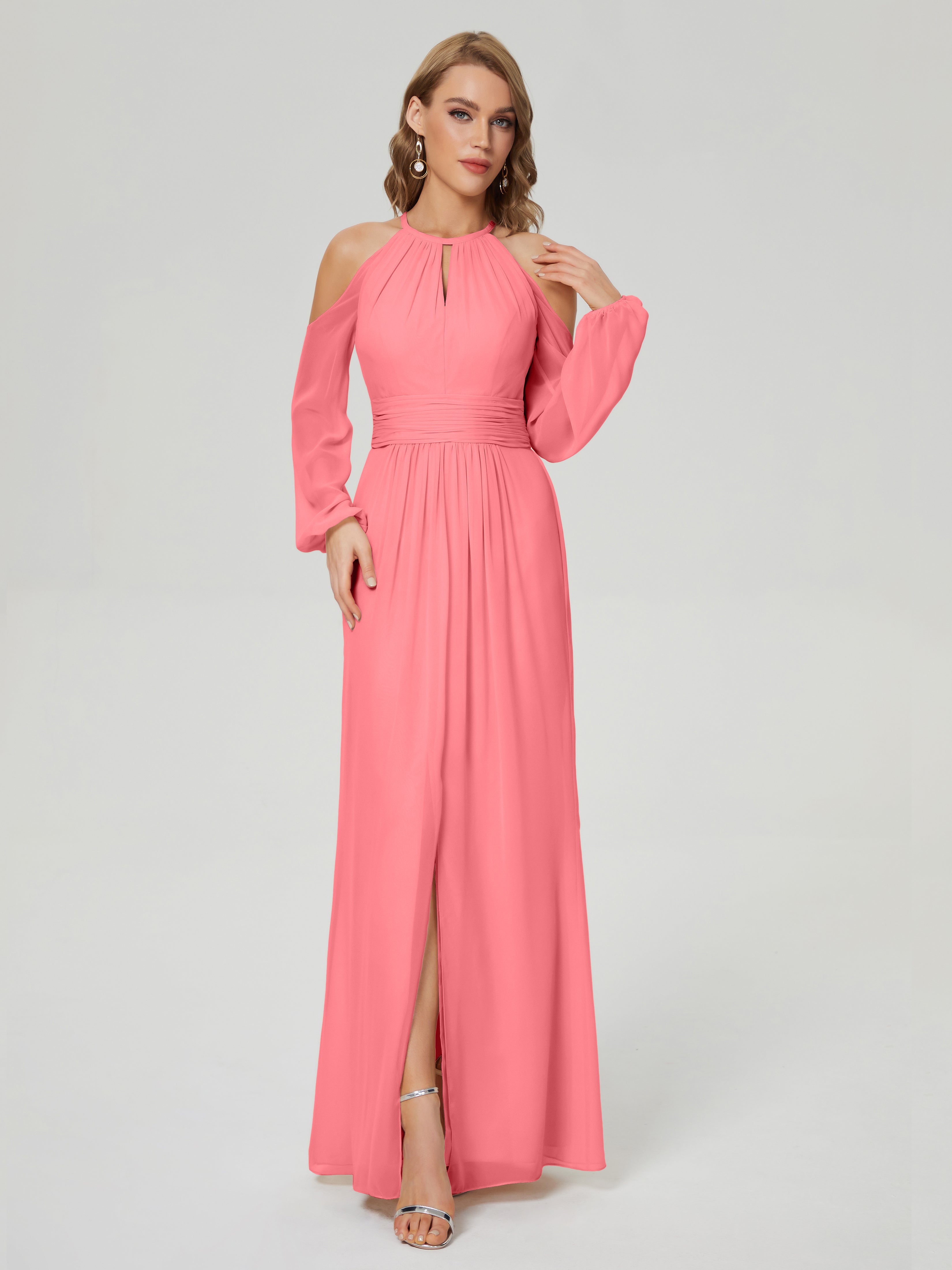 Robes De Demoiselle D'Honneur Pastèque Manches Longues Licou Mousseline Robe De Demoiselle D'Honneur