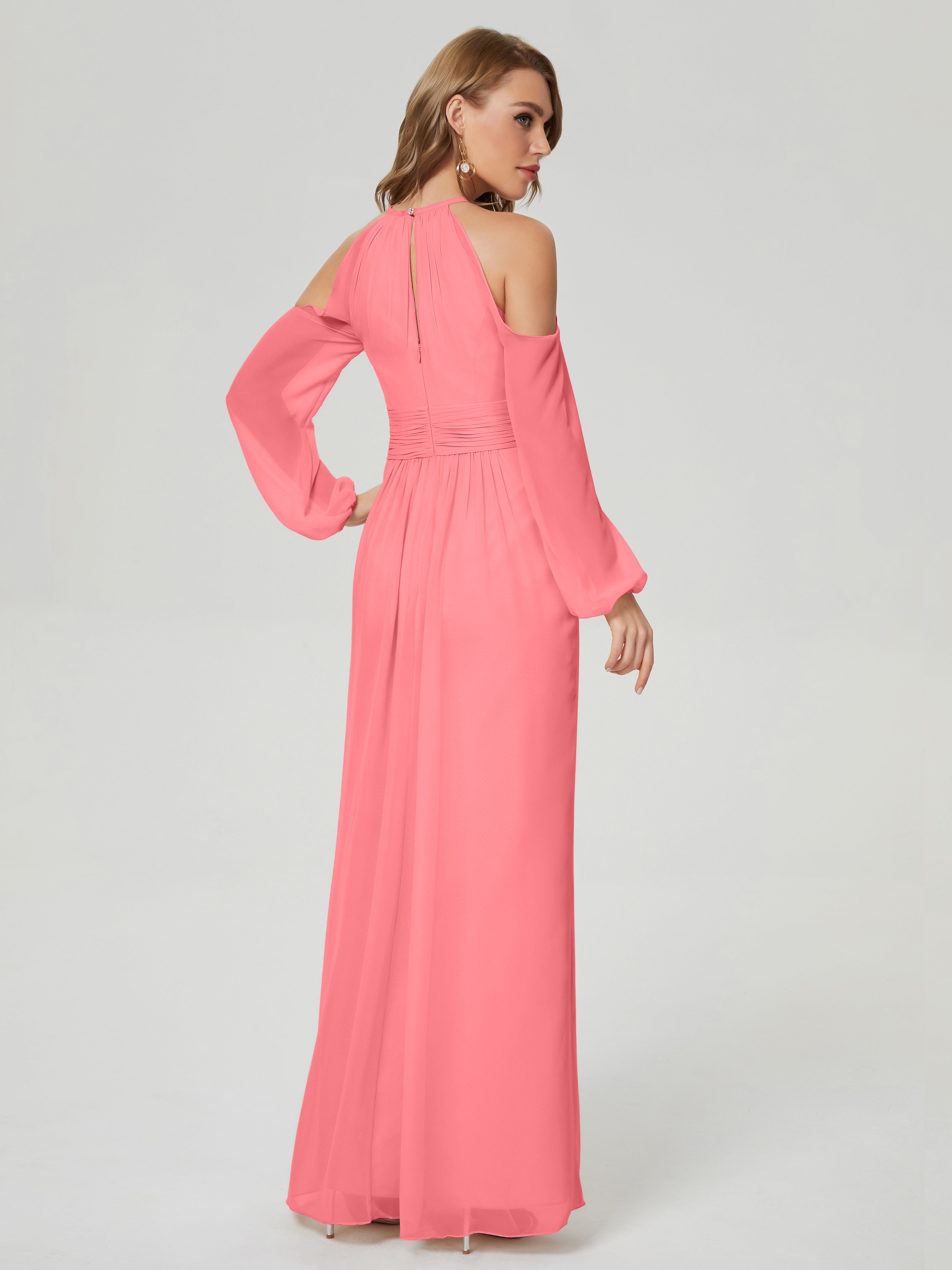 Robes De Demoiselle D'Honneur Pastèque Manches Longues Licou Mousseline Robe De Demoiselle D'Honneur