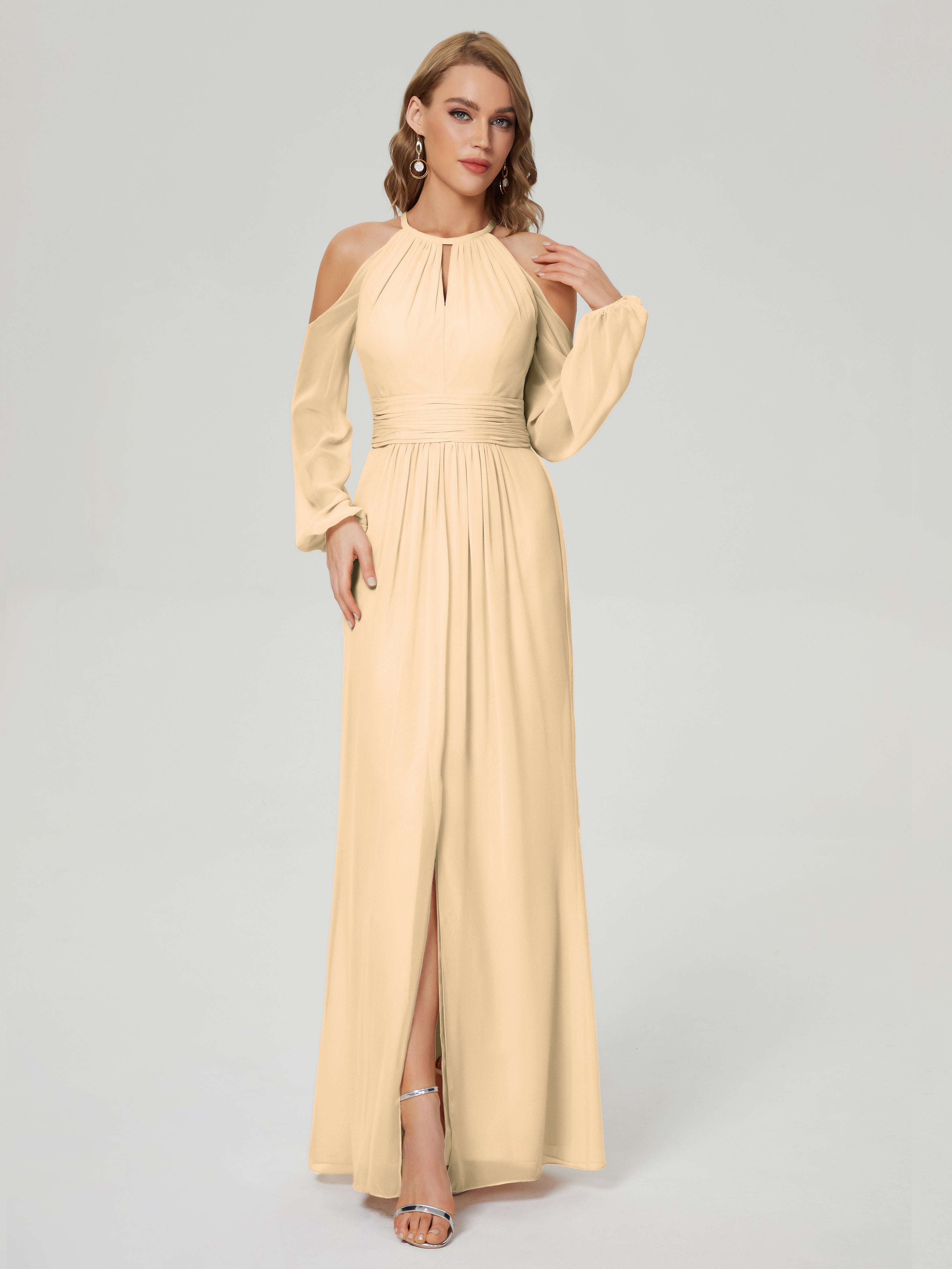 Robe Peche Demoiselle D Honneur Manches Longues Licou Mousseline Robe De Demoiselle D'Honneur