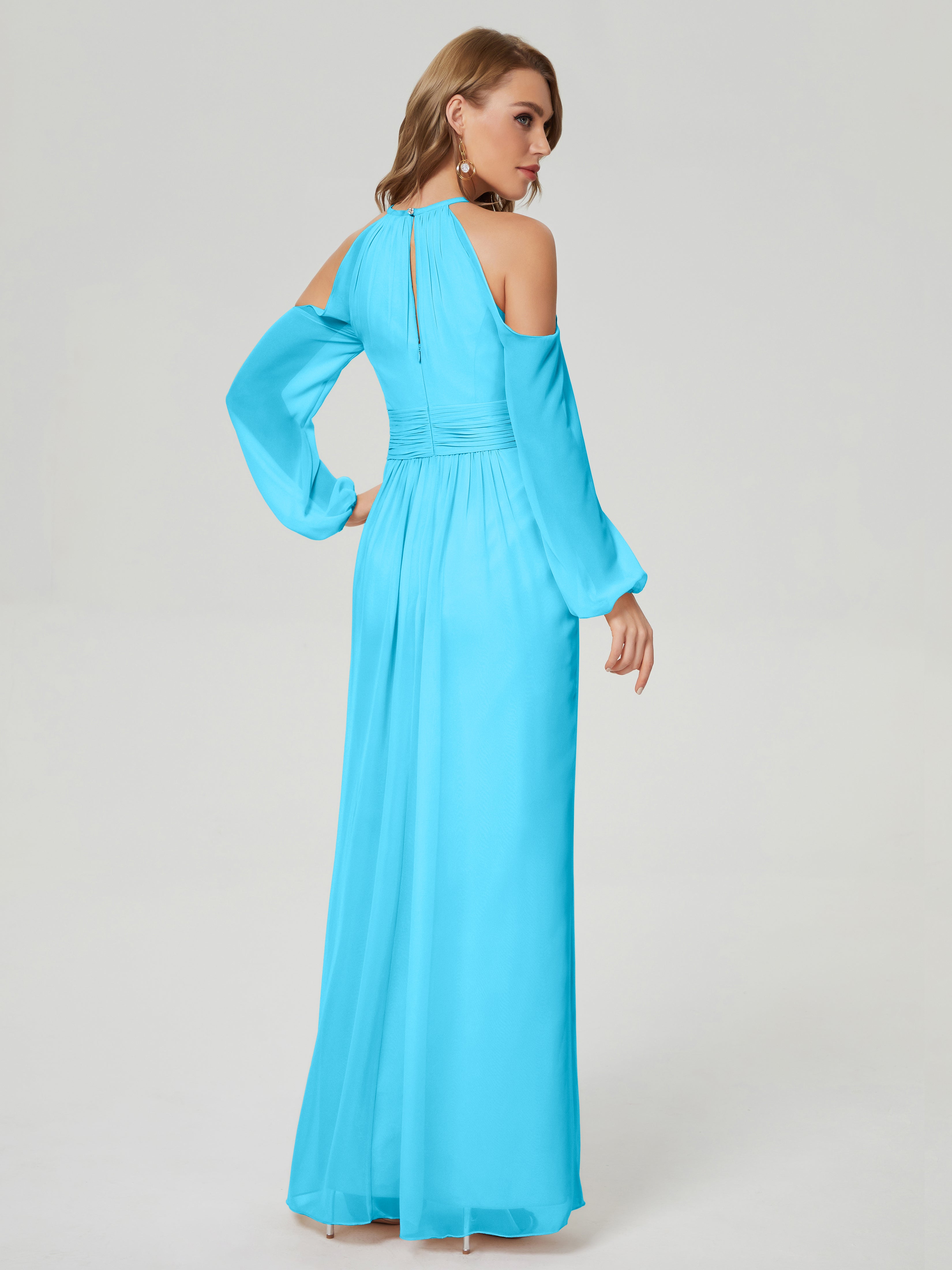 Robe De Demoiselle D'Honneur En Piscine Manches Longues Licou Mousseline Robe De Demoiselle D'Honneur