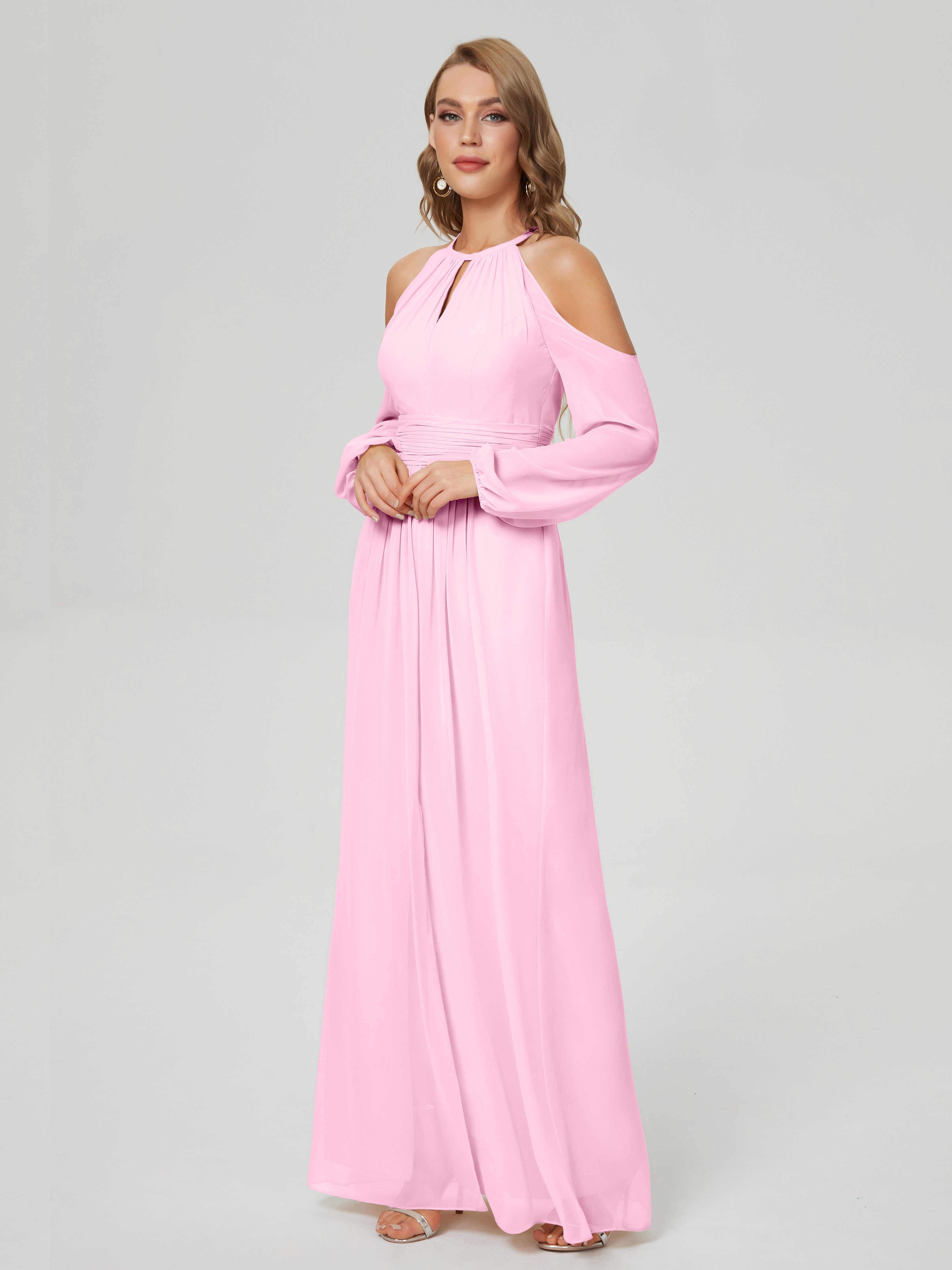 Robe Demoiselle D Honneur Rose Bonbon Manches Longues Licou Mousseline Robe De Demoiselle D'Honneur