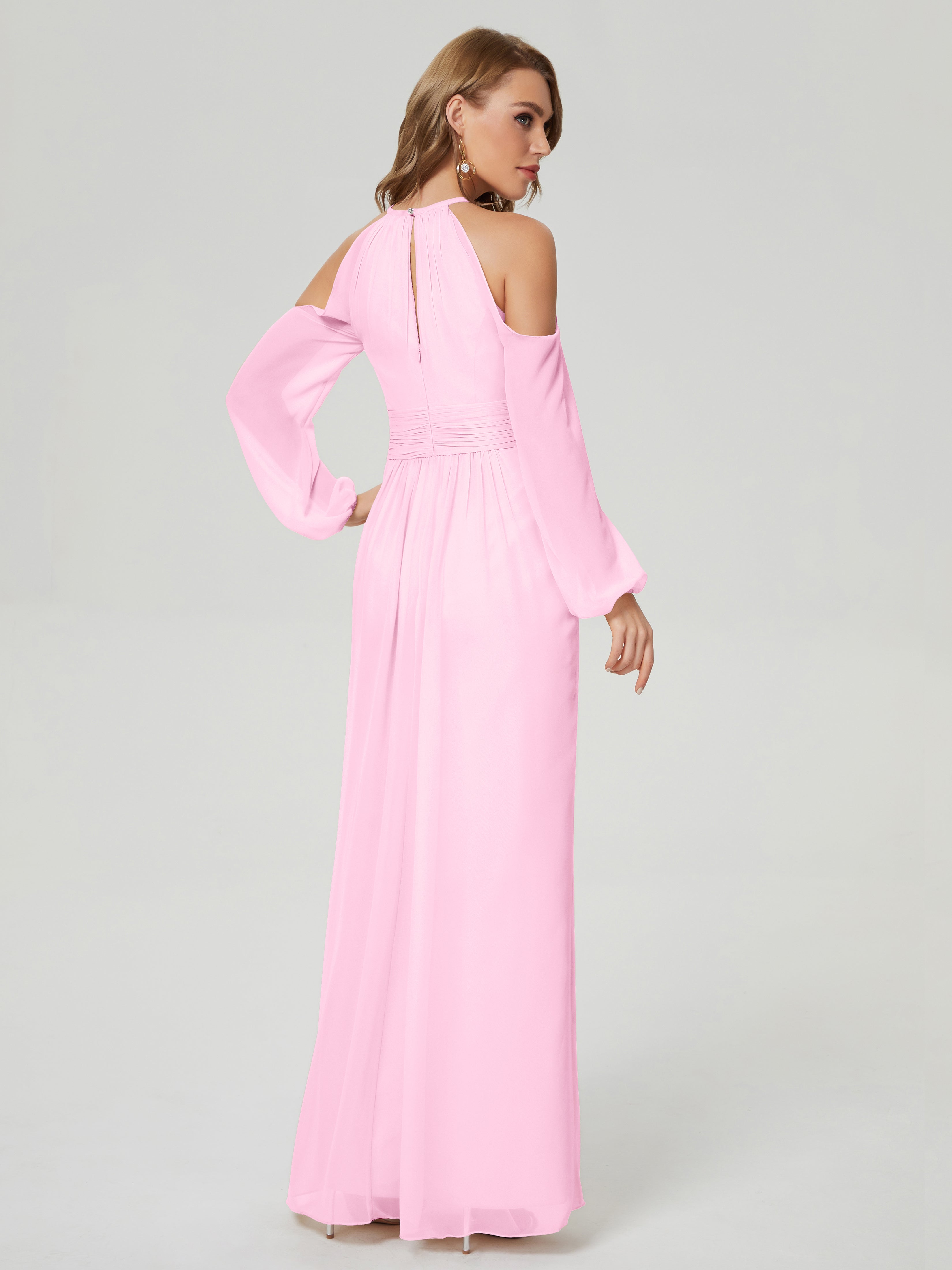 Robe Demoiselle D Honneur Rose Bonbon Manches Longues Licou Mousseline Robe De Demoiselle D'Honneur
