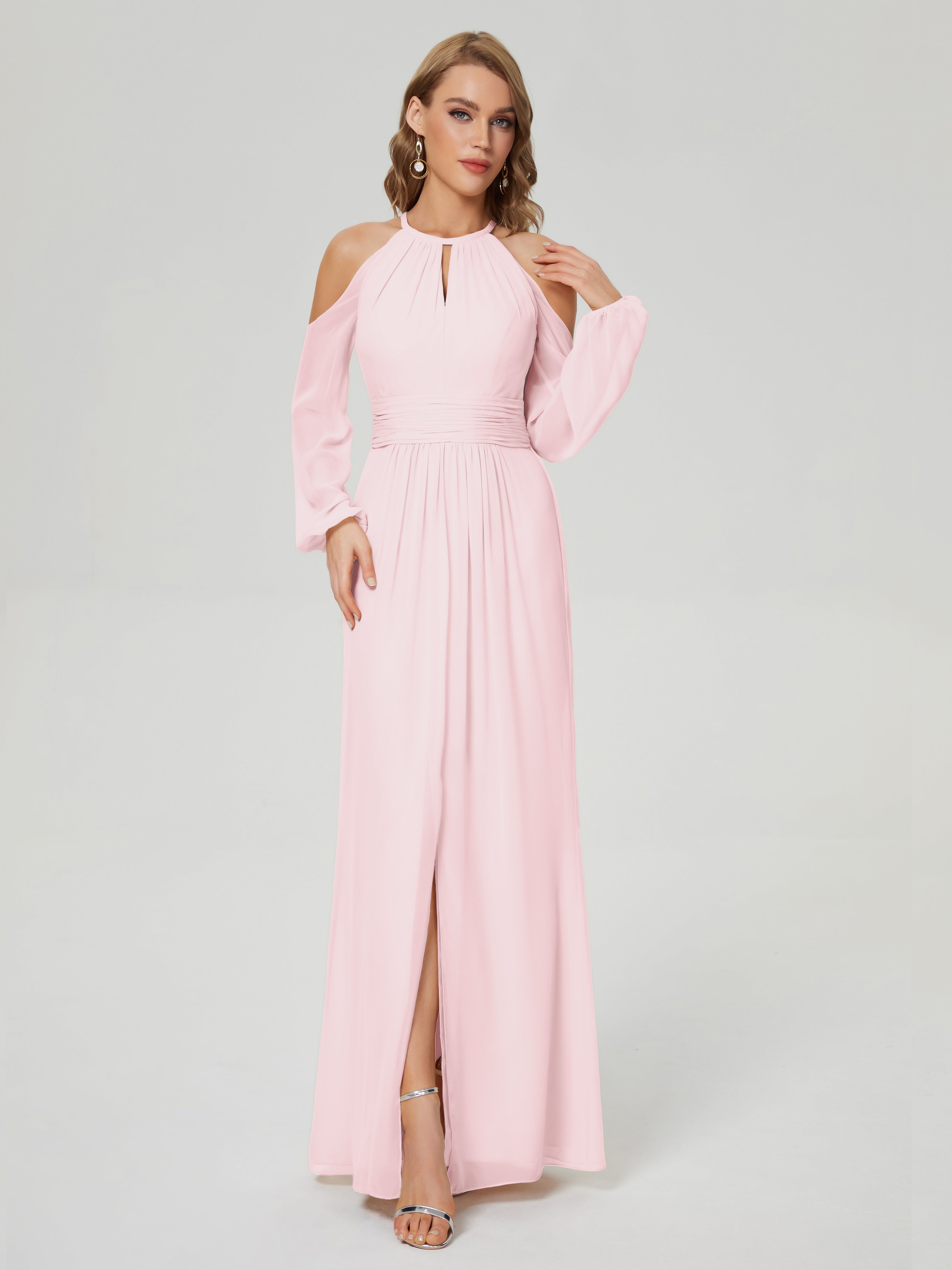 Robes De Demoiselle D'Honneur Rose Pale Manches Longues Licou Mousseline Robe De Demoiselle D'Honneur