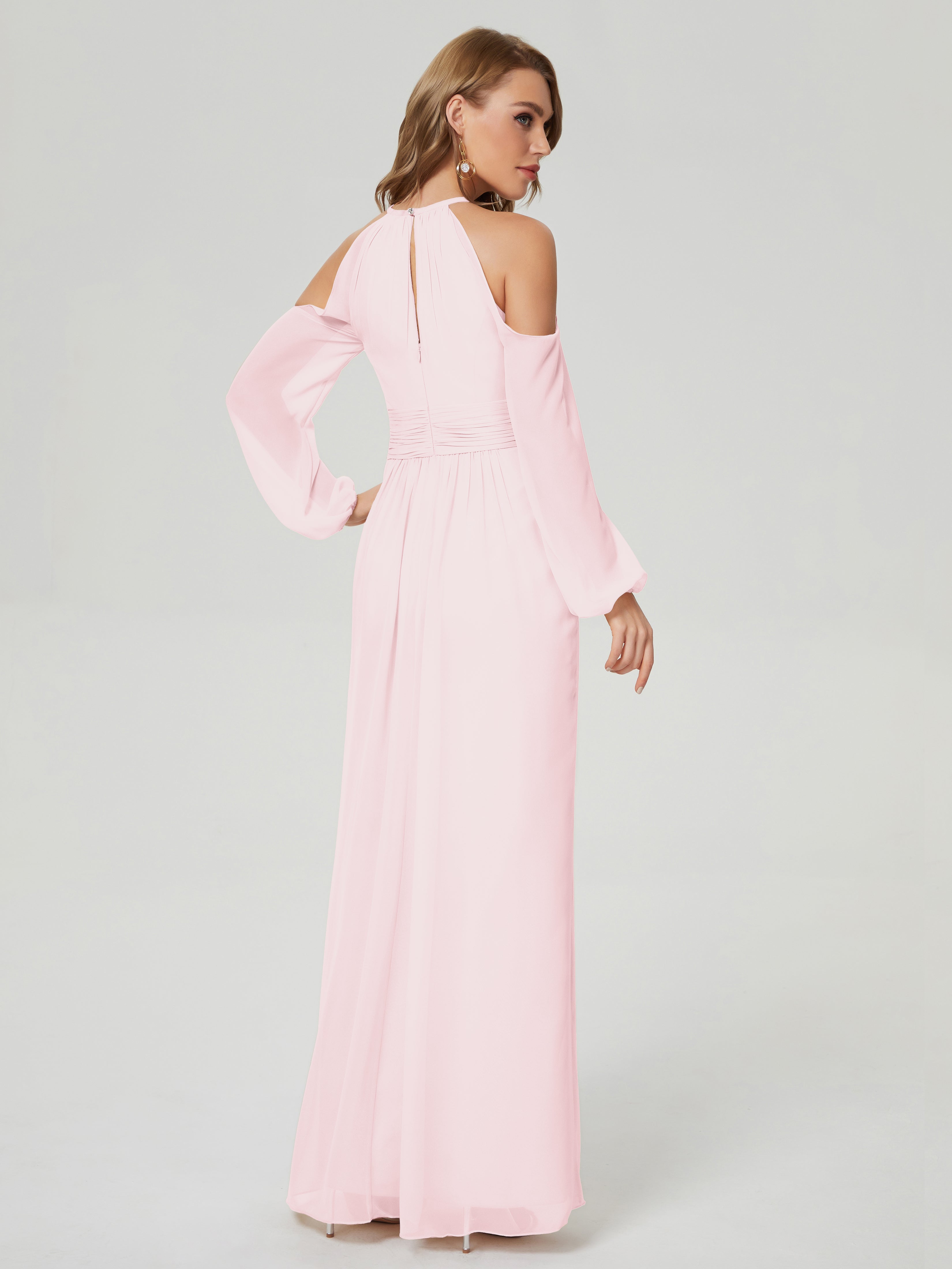 Robes De Demoiselle D'Honneur Rose Pale Manches Longues Licou Mousseline Robe De Demoiselle D'Honneur