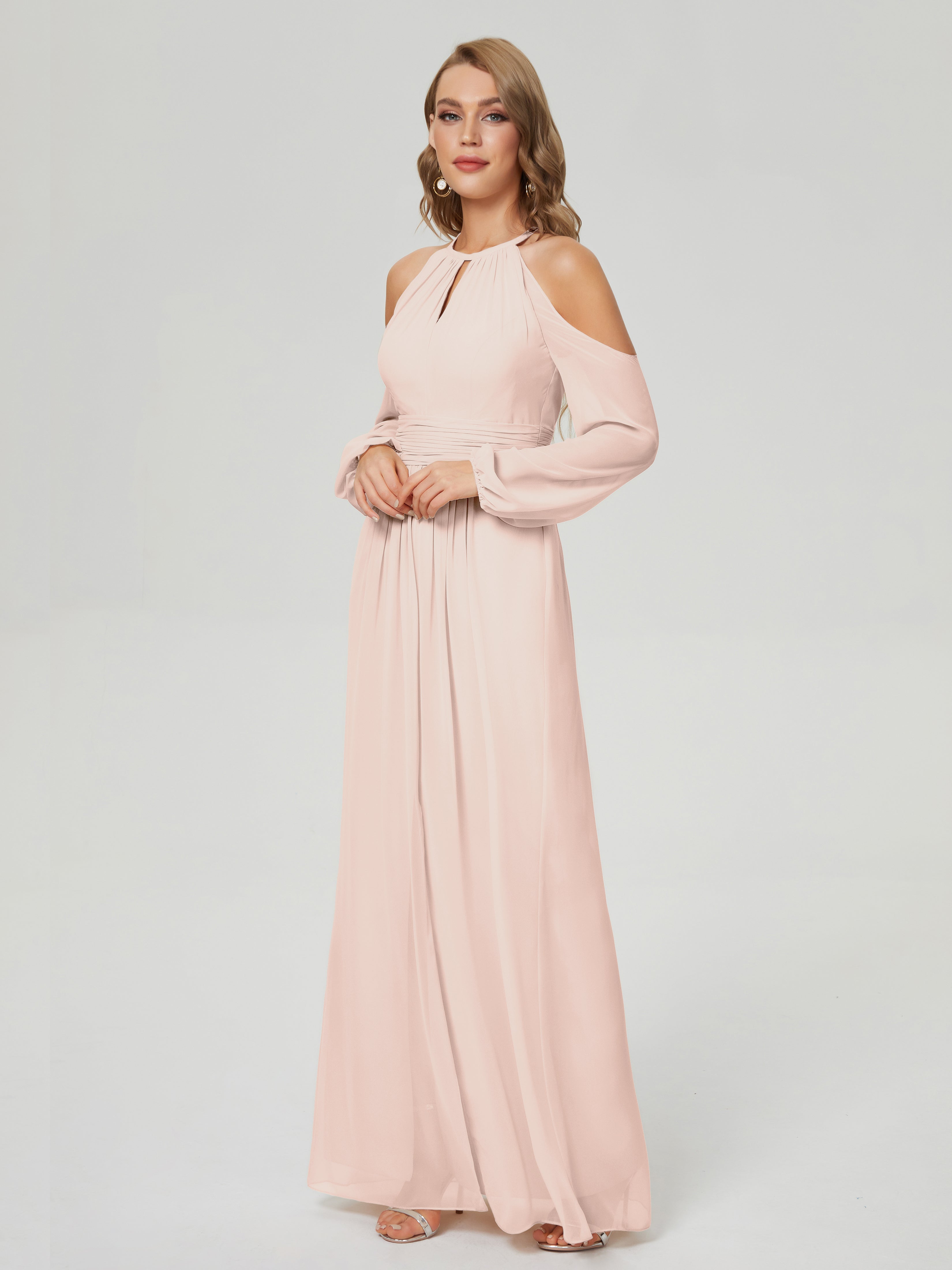 Robe Demoiselle D Honneur Rose Perle Manches Longues Licou Mousseline Robe De Demoiselle D'Honneur