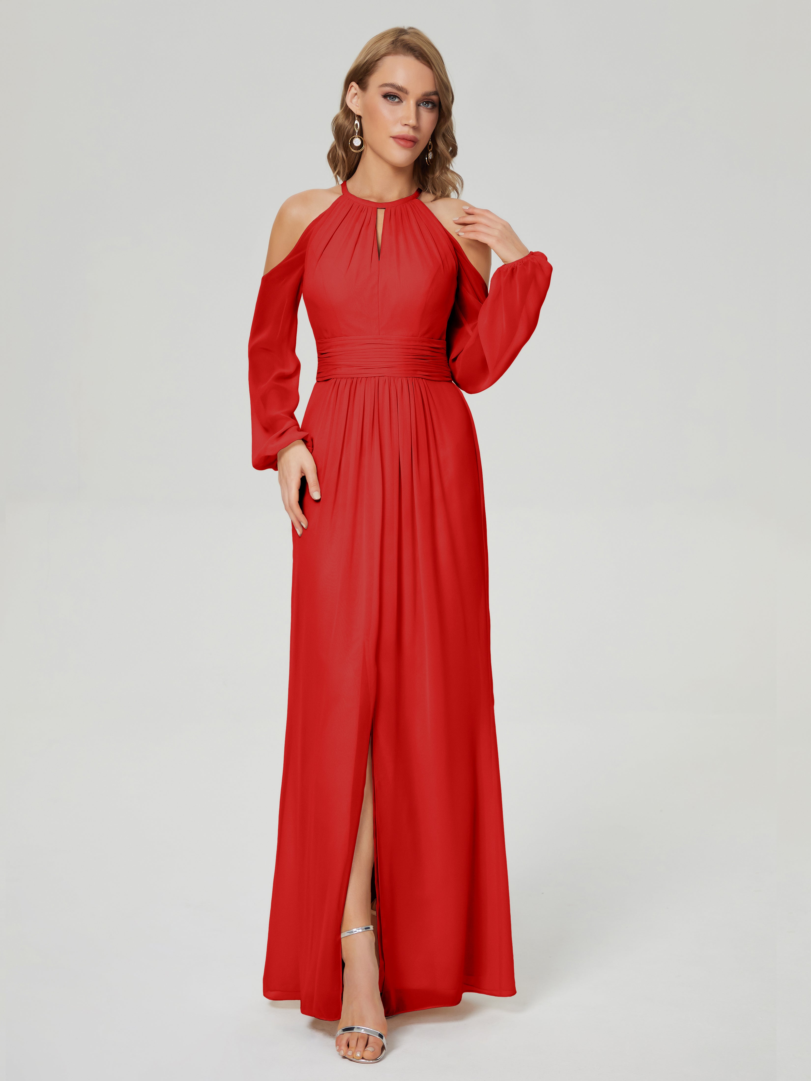Rouge Robe Demoiselle D Honneur Chic Manches Longues Licou Mousseline Robe De Demoiselle D'Honneur