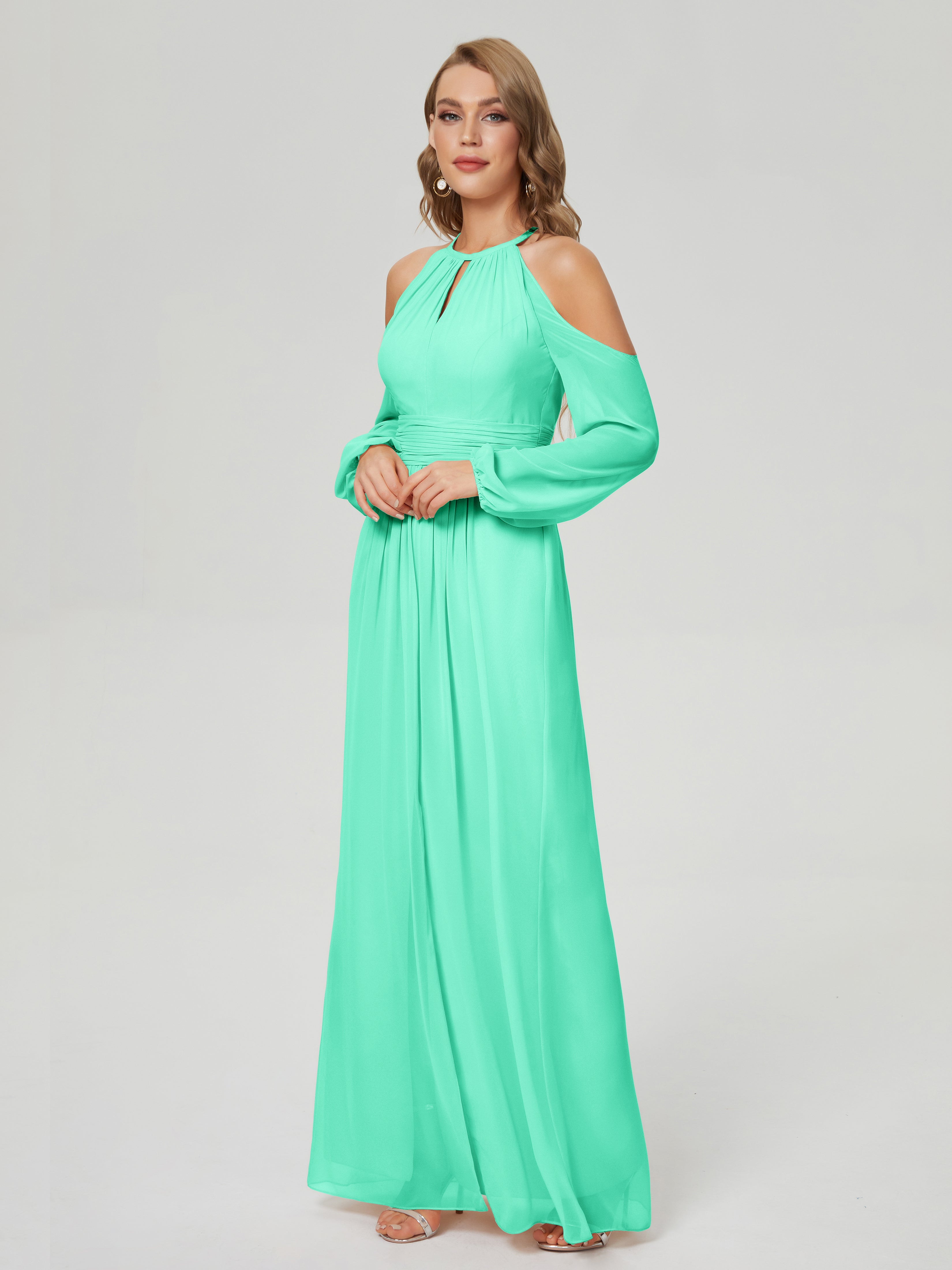 Robe Demoiselle D Honneur Turquoise Manches Longues Licou Mousseline Robe De Demoiselle D'Honneur