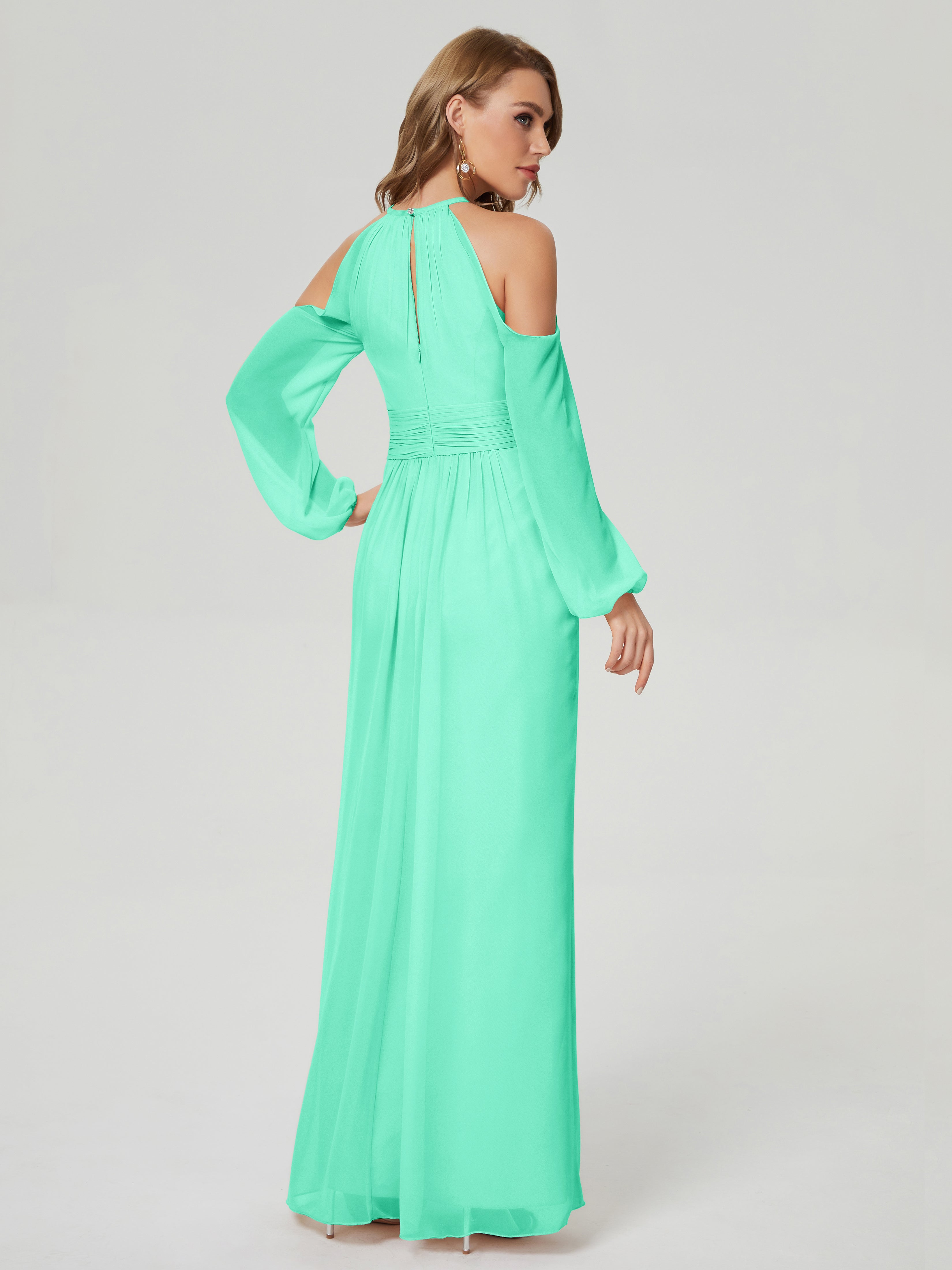 Robe Demoiselle D Honneur Turquoise Manches Longues Licou Mousseline Robe De Demoiselle D'Honneur