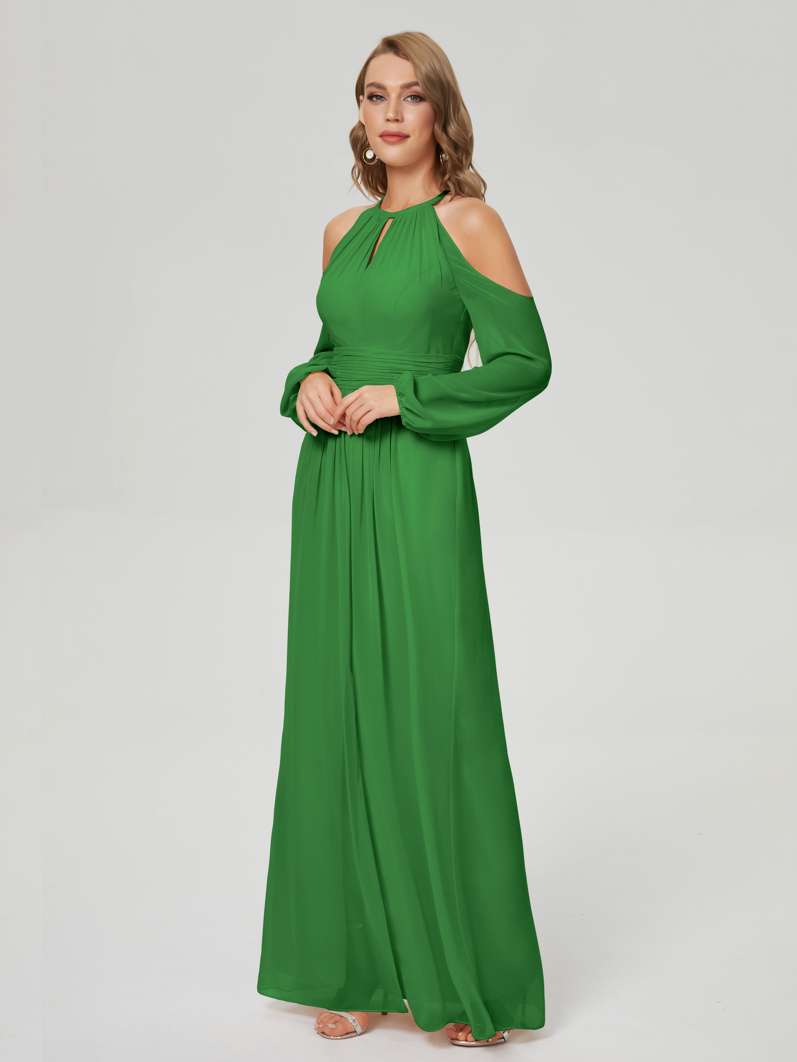 Robe Longue Verte Demoiselle D Honneur Manches Longues Licou Mousseline Robe De Demoiselle D'Honneur