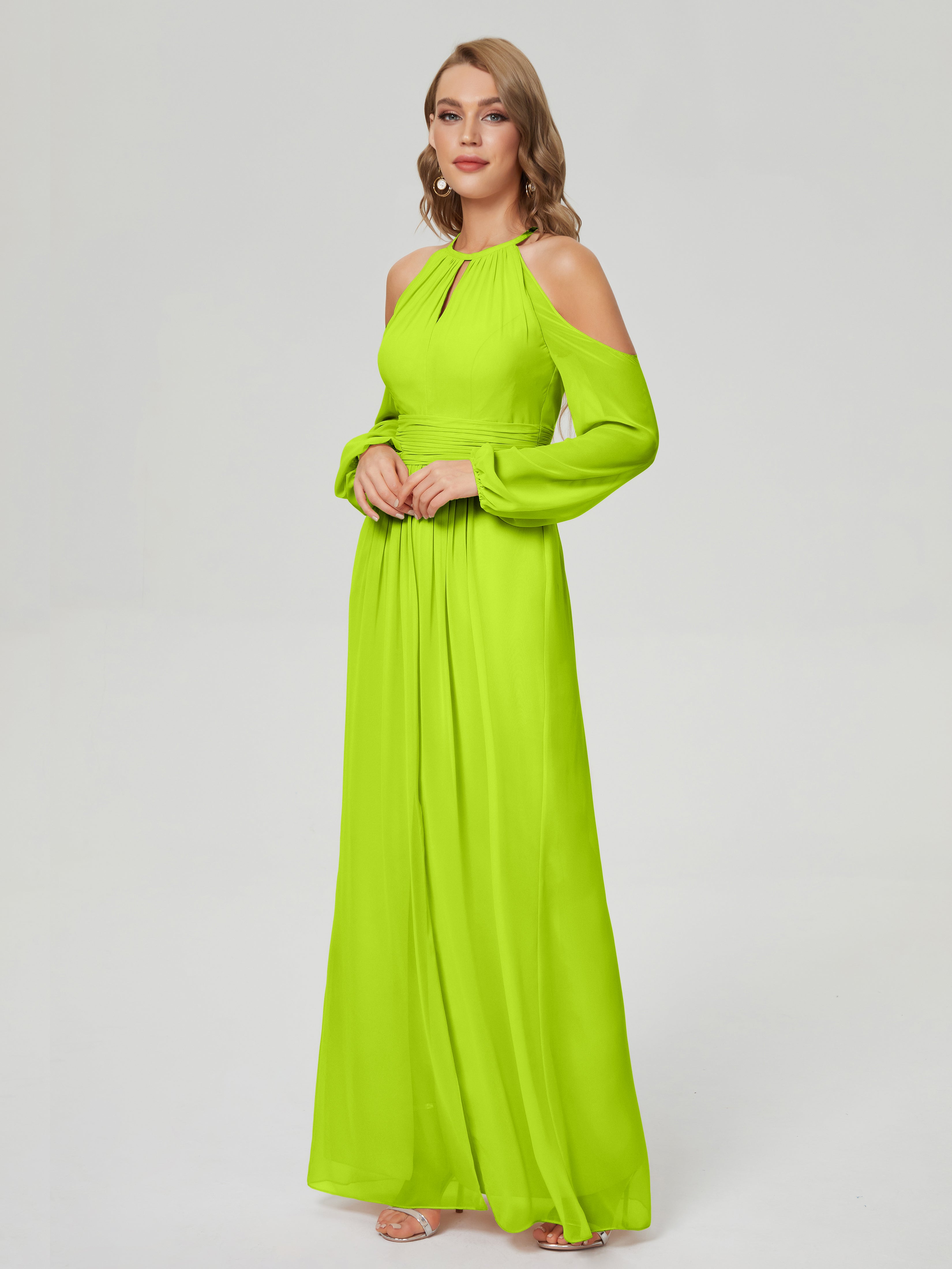 Robes De Demoiselle D'Honneur Vert Citron Manches Longues Licou Mousseline Robe De Demoiselle D'Honneur