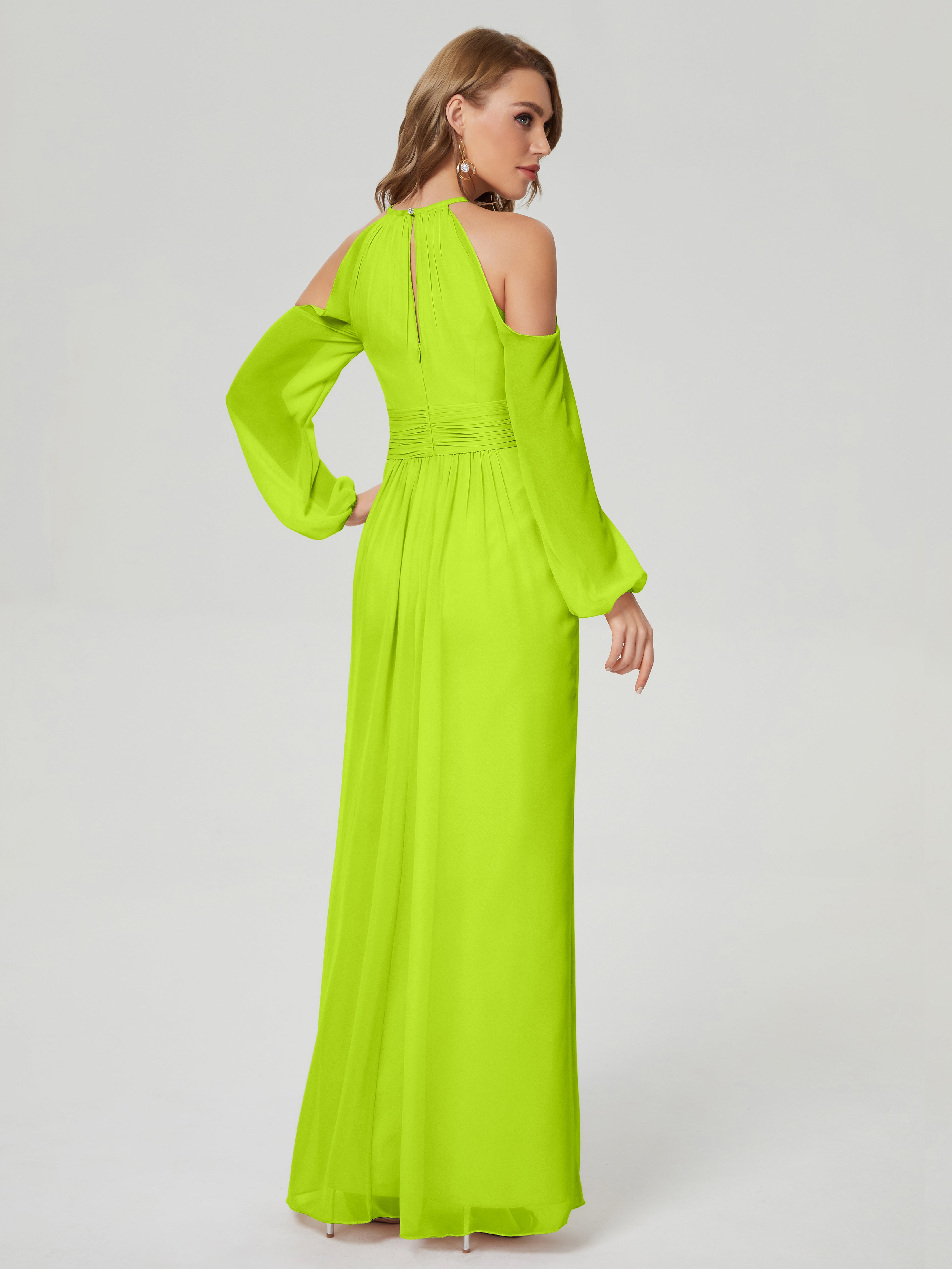 Robes De Demoiselle D'Honneur Vert Citron Manches Longues Licou Mousseline Robe De Demoiselle D'Honneur