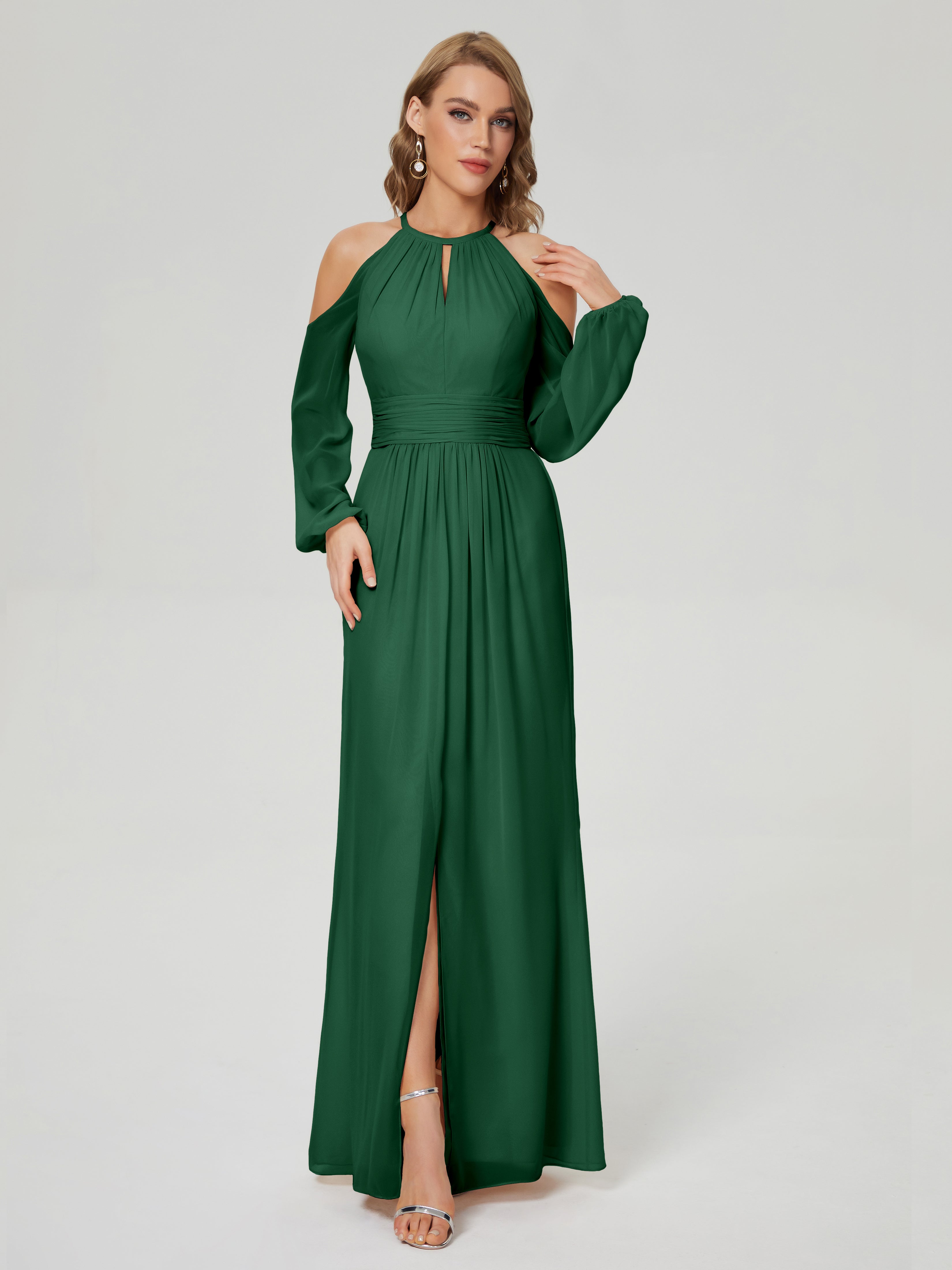 Robes De Demoiselle D'Honneur Vert Foncé Manches Longues Licou Mousseline Robe De Demoiselle D'Honneur