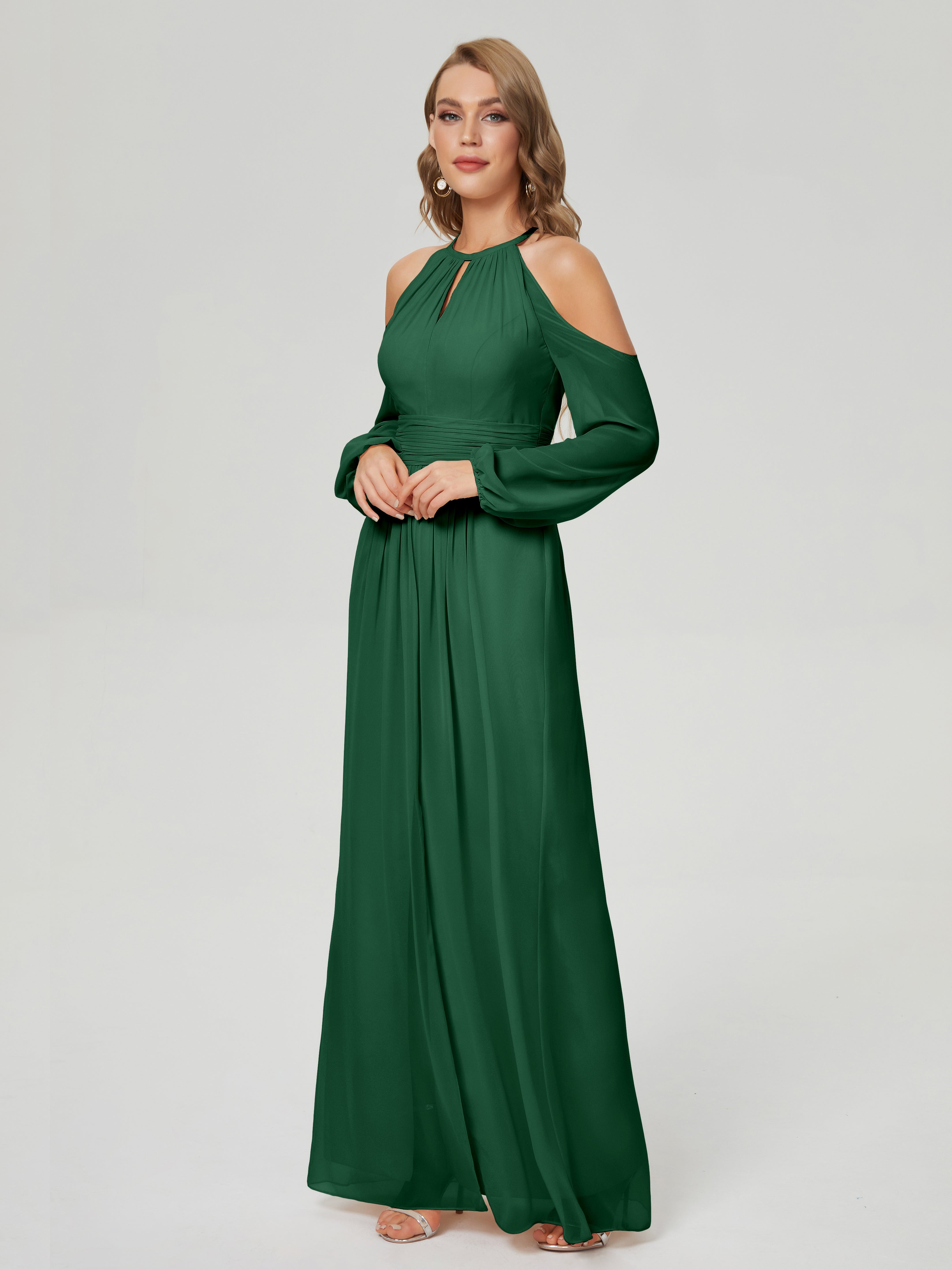Robes De Demoiselle D'Honneur Vert Foncé Manches Longues Licou Mousseline Robe De Demoiselle D'Honneur