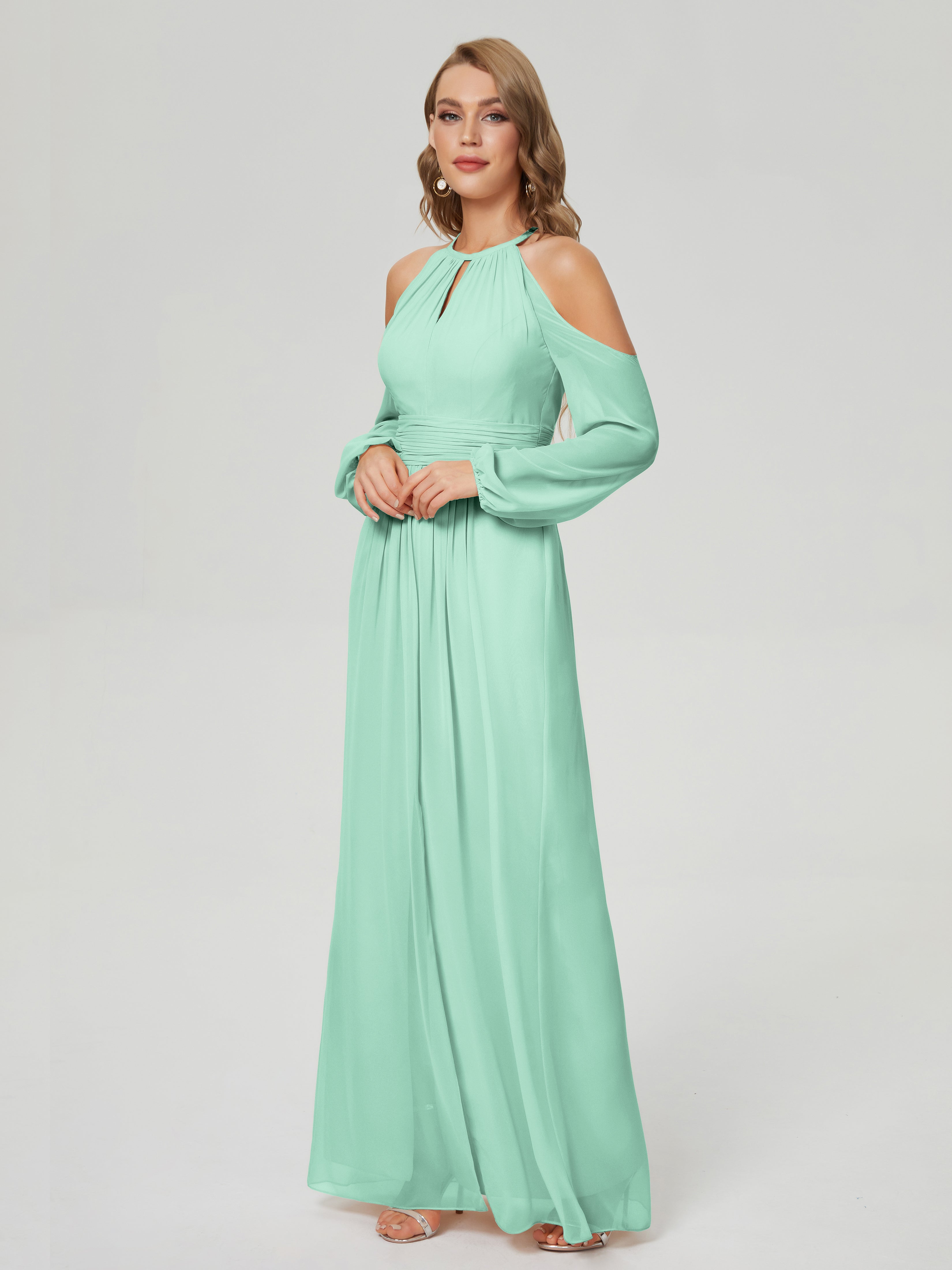 Robe Demoiselle D Honneur Vert Menthe Manches Longues Licou Mousseline Robe De Demoiselle D'Honneur