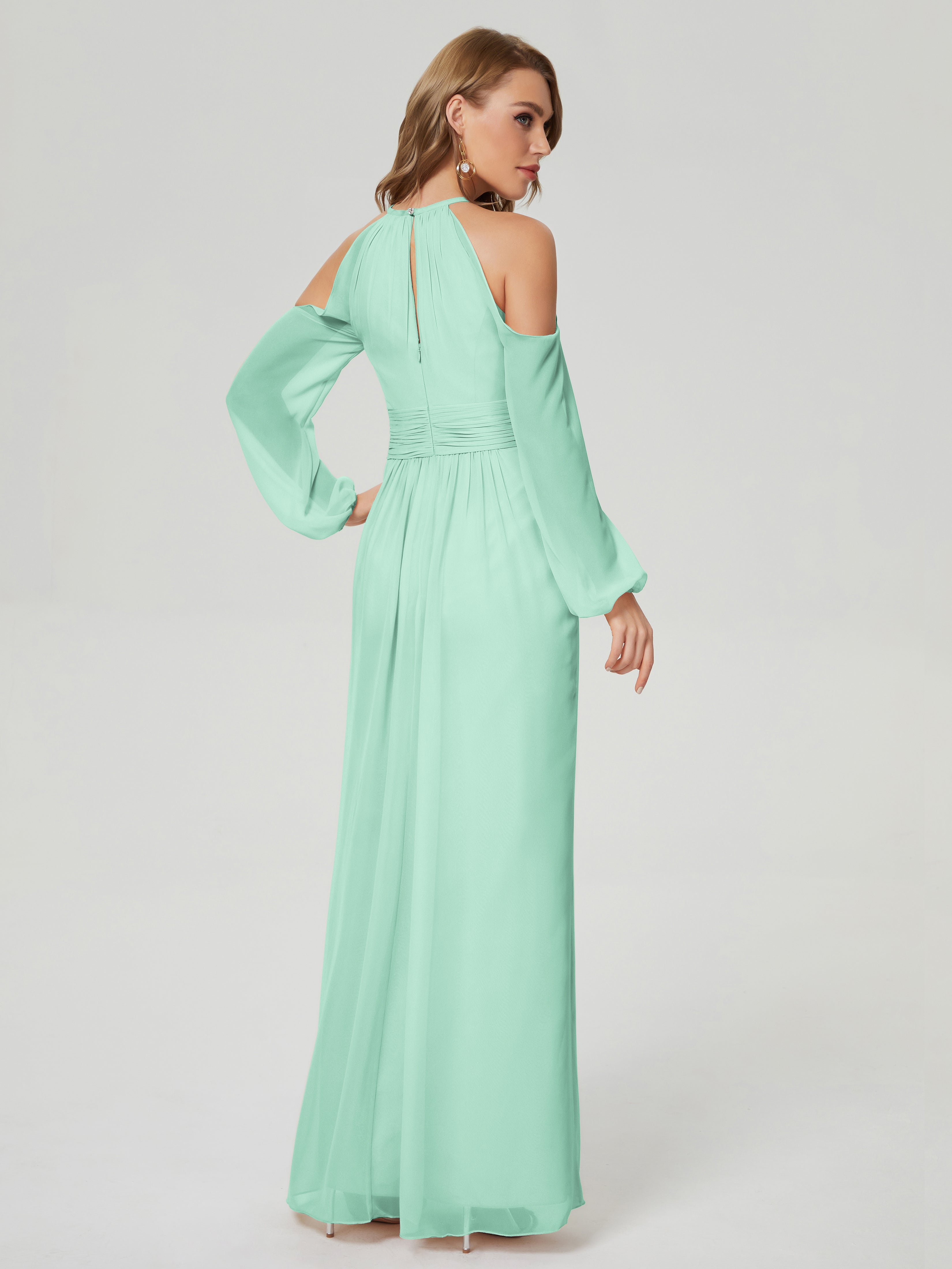 Robe Demoiselle D Honneur Vert Menthe Manches Longues Licou Mousseline Robe De Demoiselle D'Honneur
