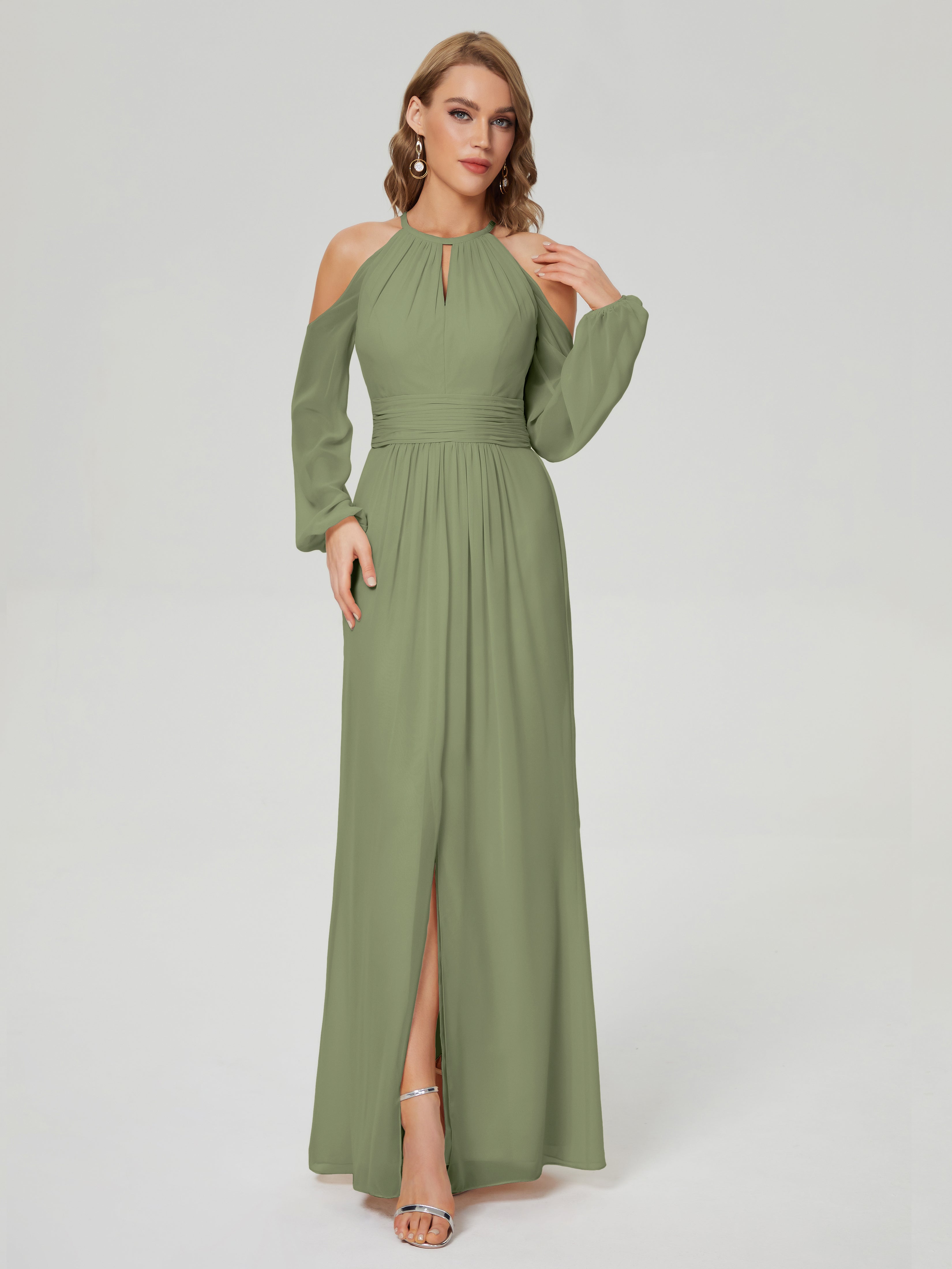 Robe De Demoiselle D Honneur Vert Olive Manches Longues Licou Mousseline Robe De Demoiselle D'Honneur