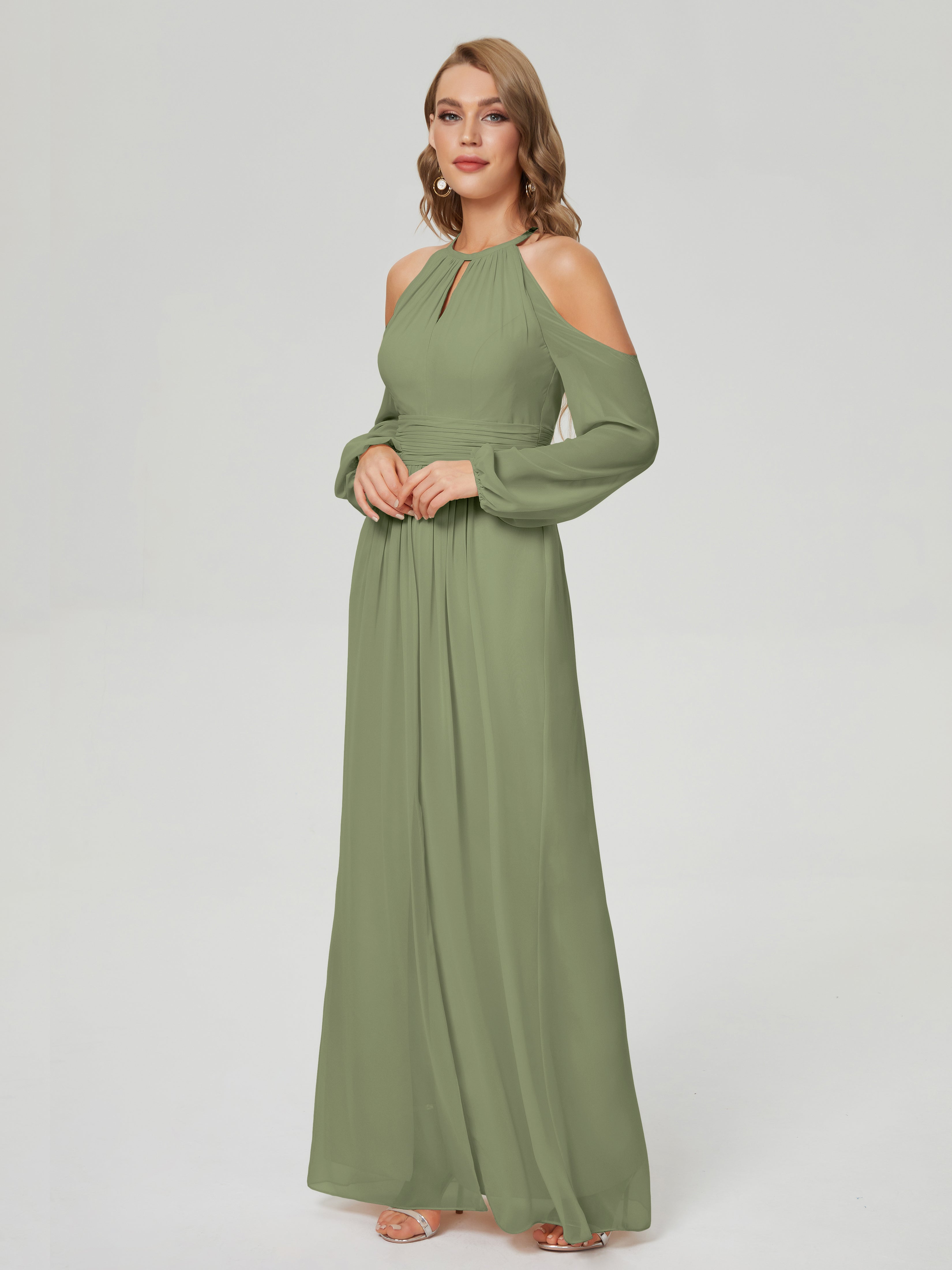Robe De Demoiselle D Honneur Vert Olive Manches Longues Licou Mousseline Robe De Demoiselle D'Honneur
