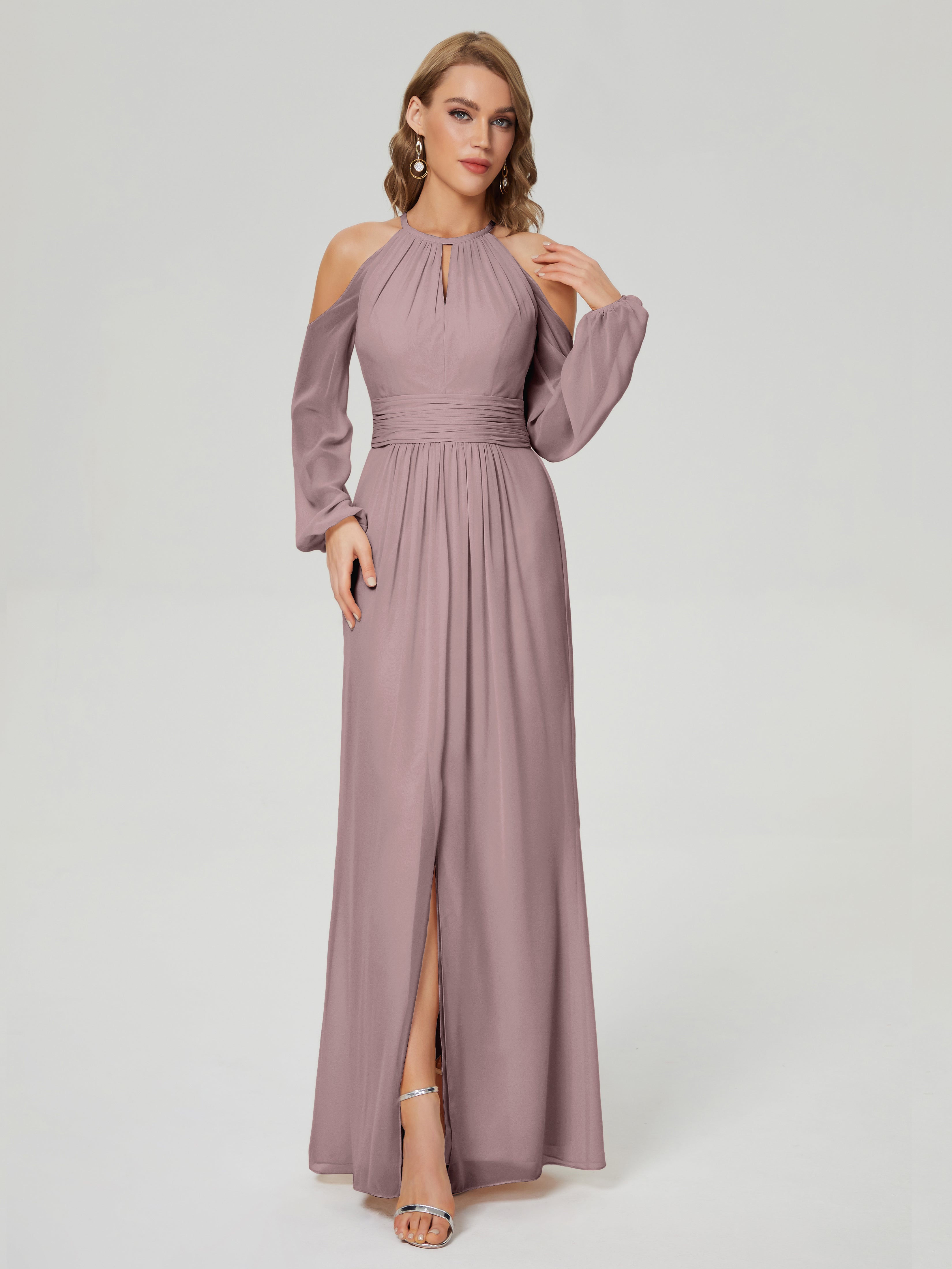 Robes De Demoiselle D'Honneur Mauve Foncé Manches Longues Licou Mousseline Robe De Demoiselle D'Honneur