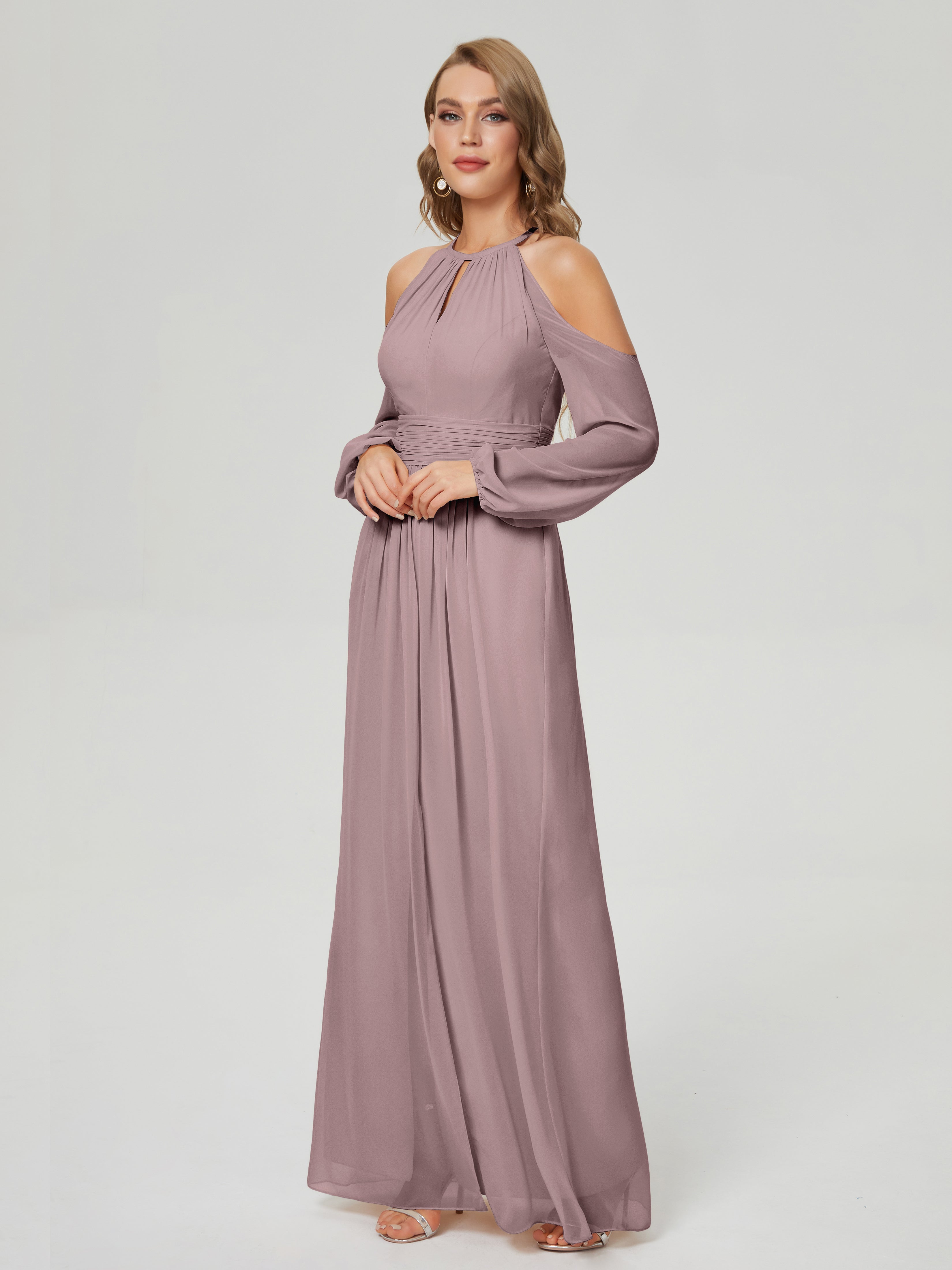 Robes De Demoiselle D'Honneur Mauve Foncé Manches Longues Licou Mousseline Robe De Demoiselle D'Honneur