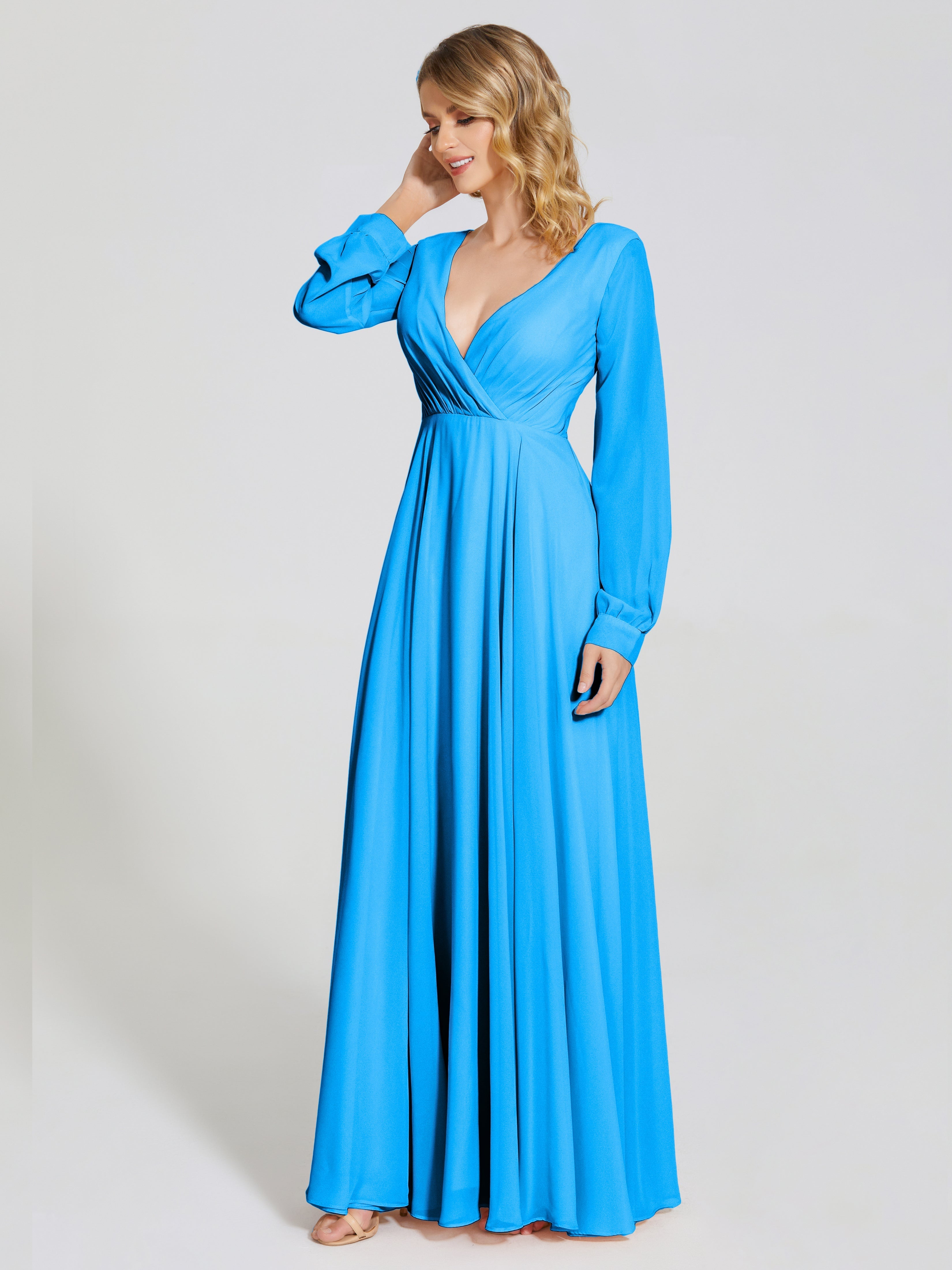 Robes De Demoiselle D'Honneur Bleu Océan Trapèze Manches Longues Mousseline Robe De Demoiselle D'Honneur