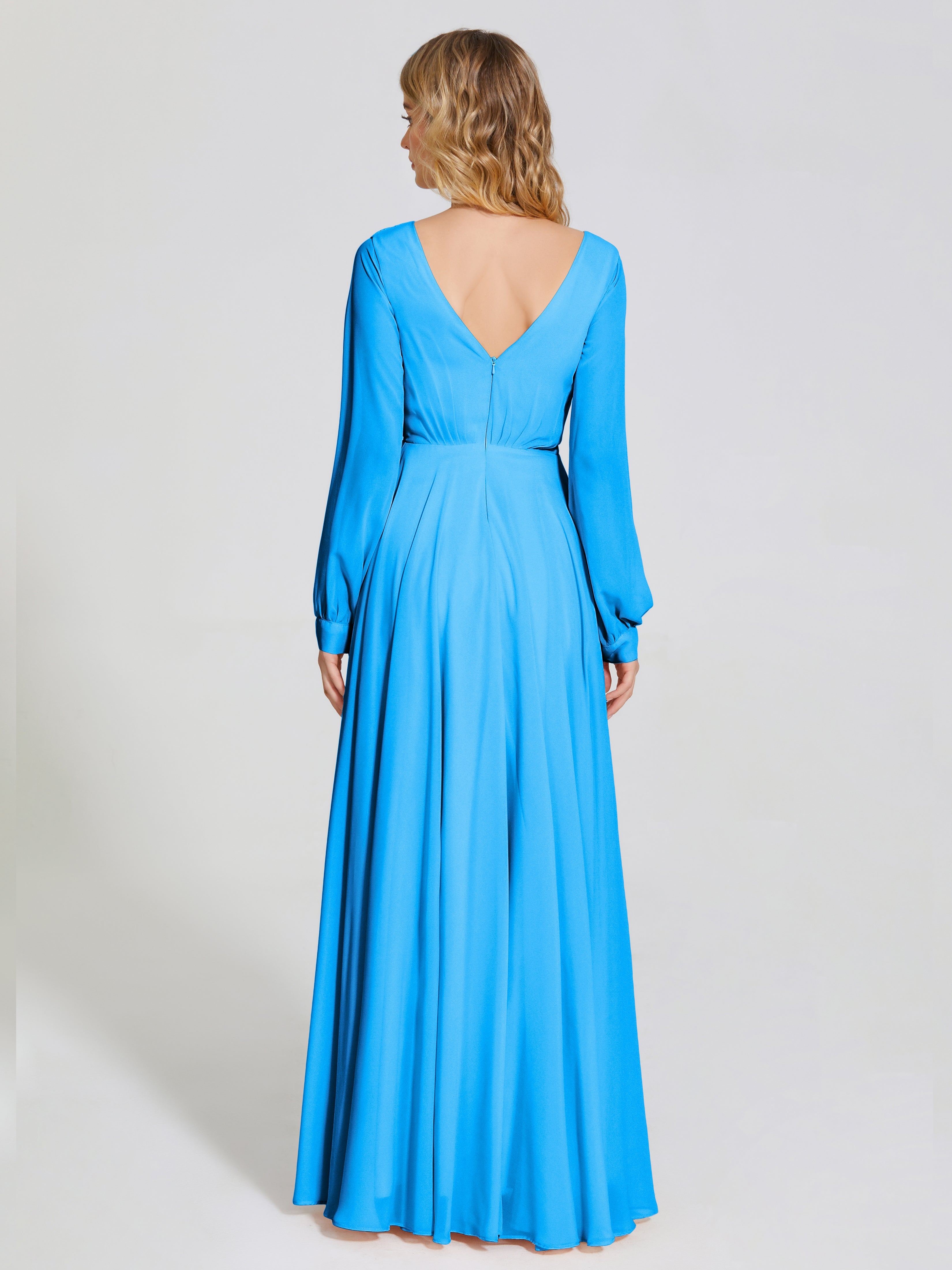 Robes De Demoiselle D'Honneur Bleu Océan Trapèze Manches Longues Mousseline Robe De Demoiselle D'Honneur