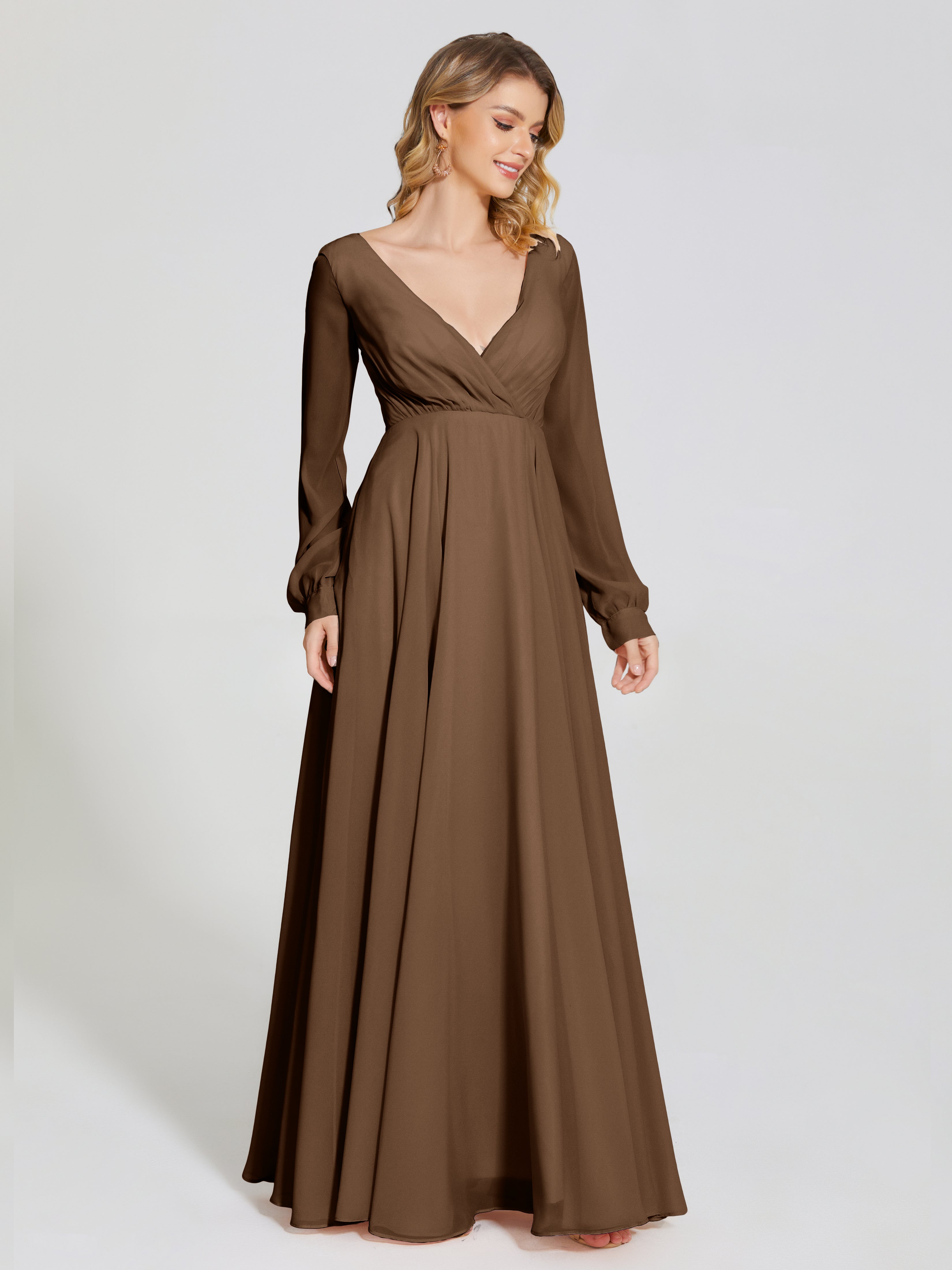 Robes De Demoiselle D'Honneur Brun Trapèze Manches Longues Mousseline Robe De Demoiselle D'Honneur