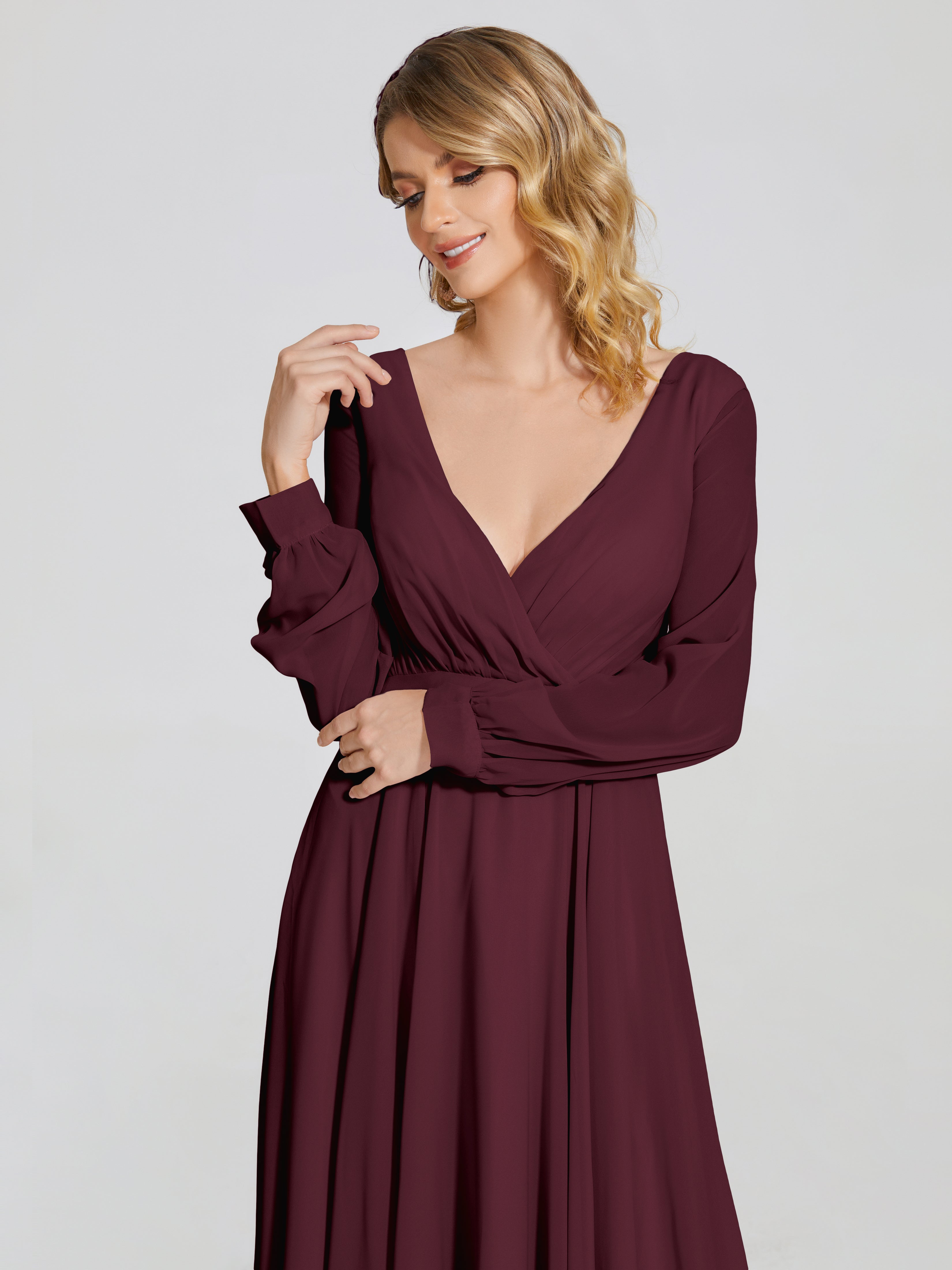 Robes De Demoiselle D'Honneur Cabernet Trapèze Manches Longues Mousseline Robe De Demoiselle D'Honneur