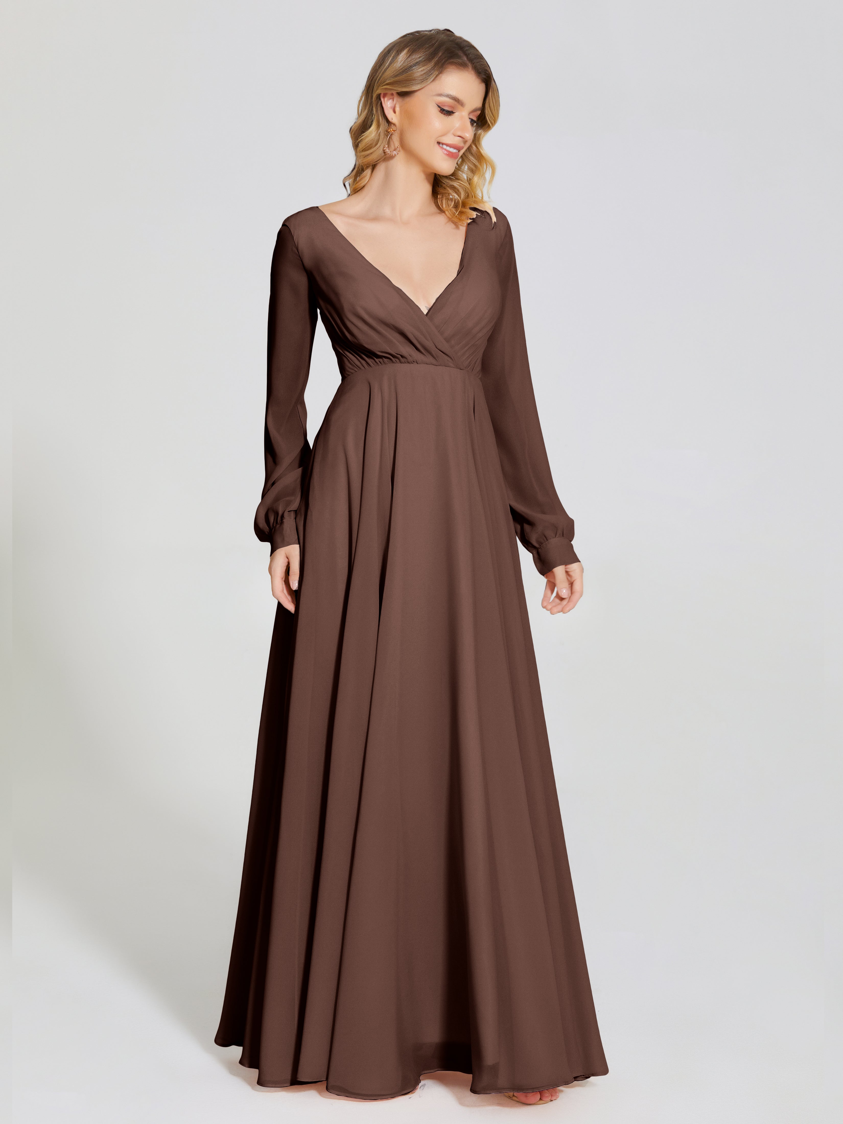 Robe Demoiselle D Honneur Marron Chocolat Trapèze Manches Longues Mousseline Robe De Demoiselle D'Honneur