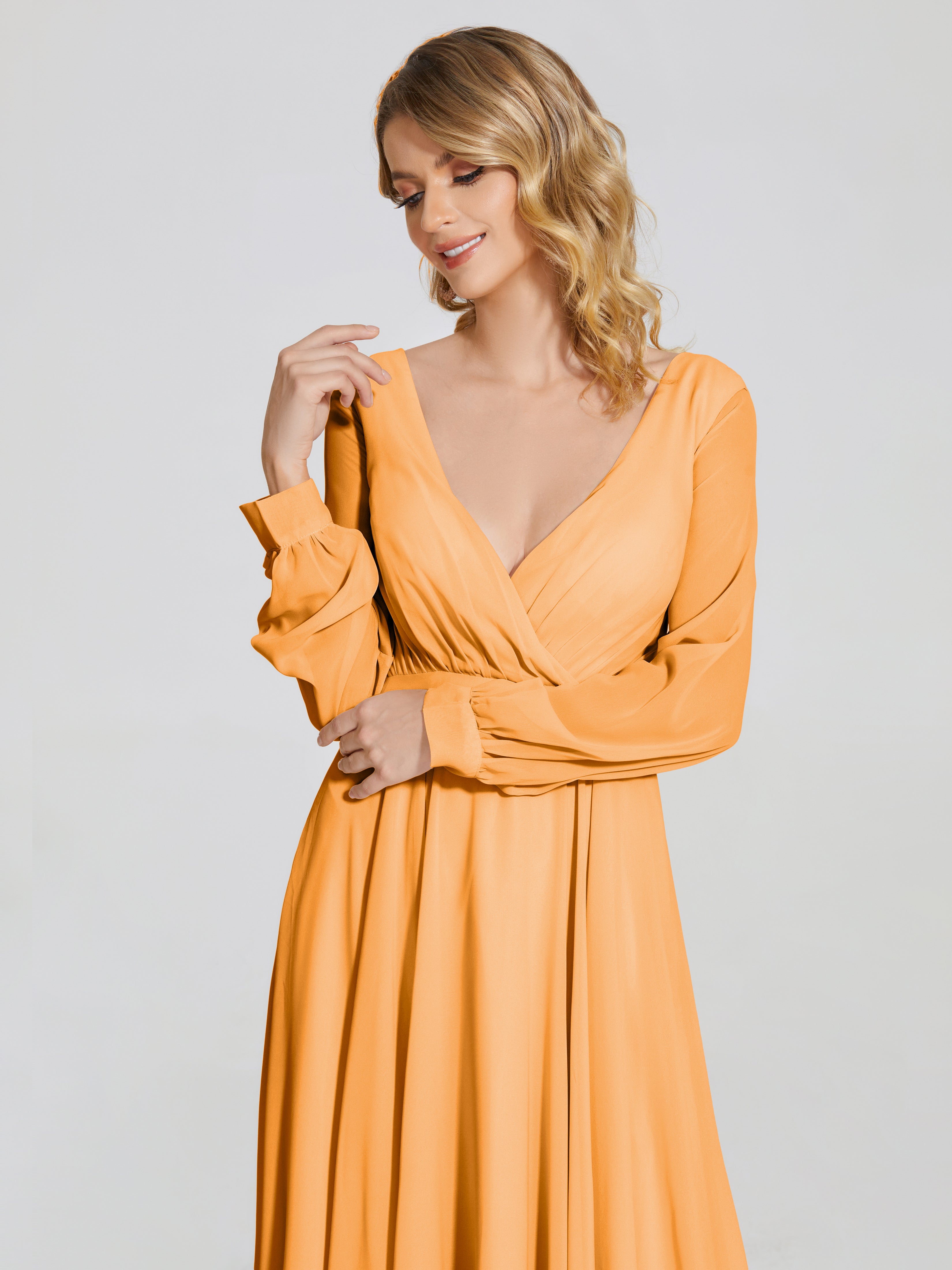 Robes De Demoiselle D'Honneur Mandarine Trapèze Manches Longues Mousseline Robe De Demoiselle D'Honneur