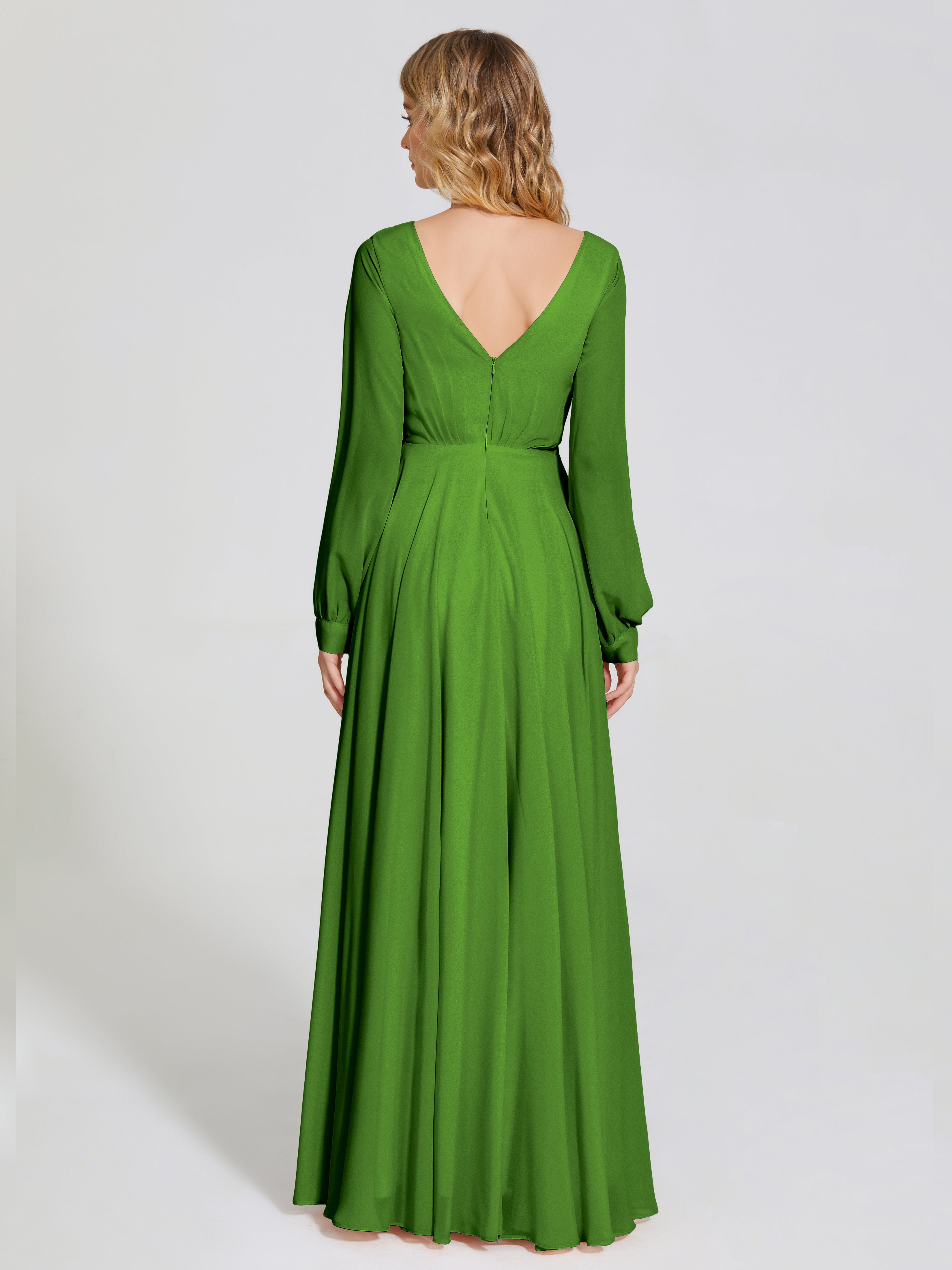 Robes De Demoiselle D'Honneur Vert Mousse Trapèze Manches Longues Mousseline Robe De Demoiselle D'Honneur