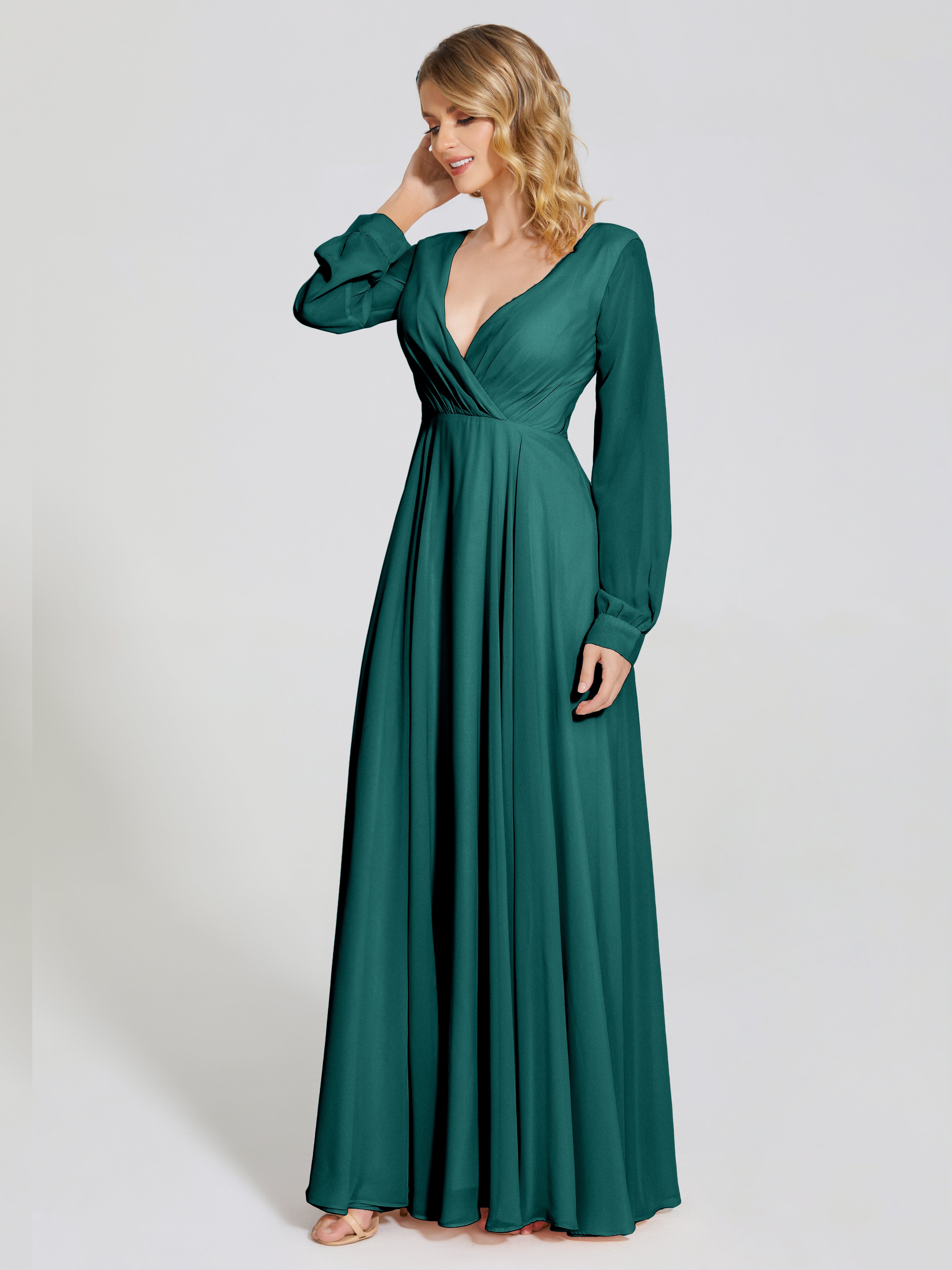 Robes De Demoiselle D'Honneur Couleur Paon Bon Marché Trapèze Manches Longues Mousseline Robe De Demoiselle D'Honneur