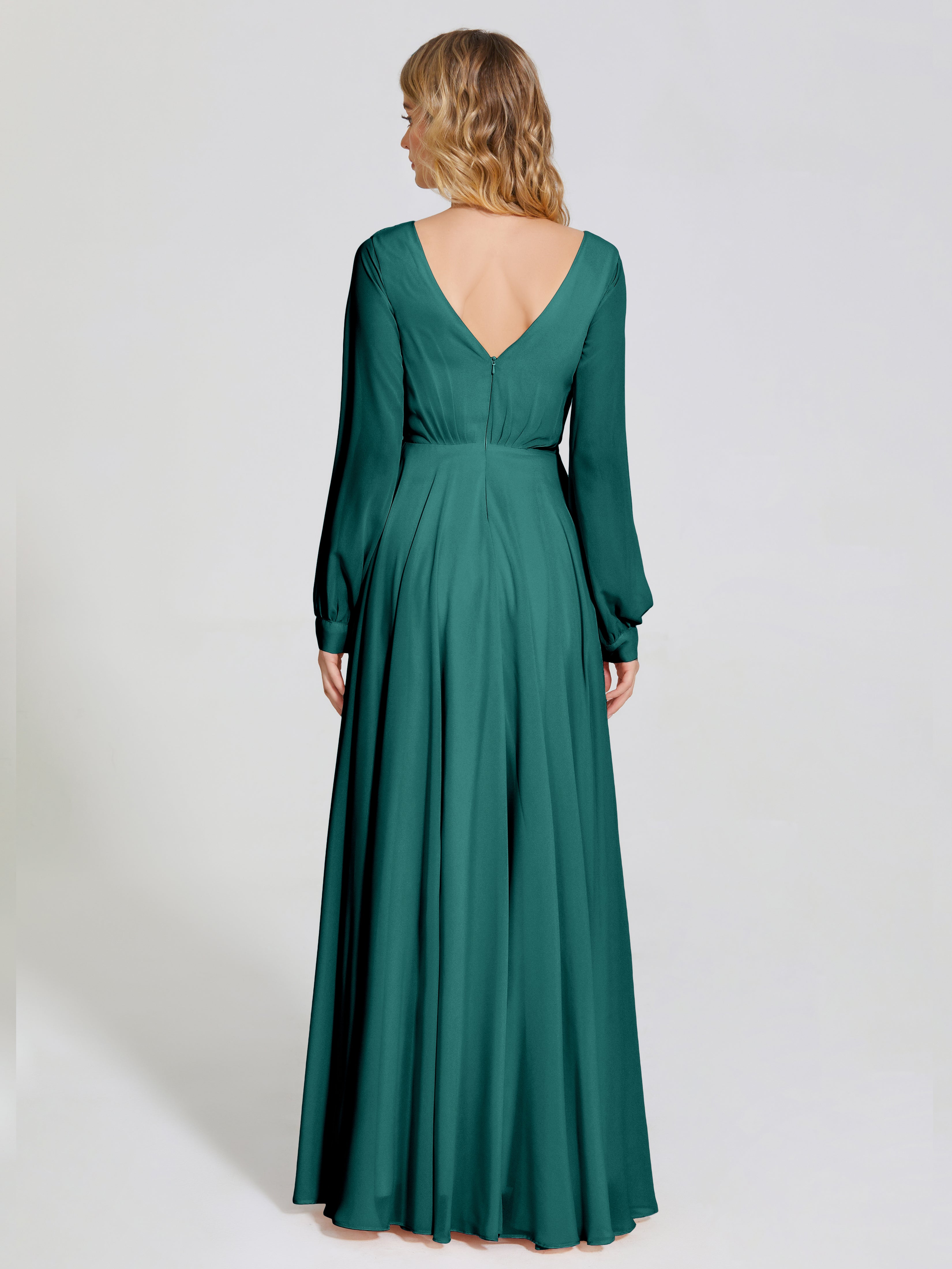 Robes De Demoiselle D'Honneur Couleur Paon Bon Marché Trapèze Manches Longues Mousseline Robe De Demoiselle D'Honneur