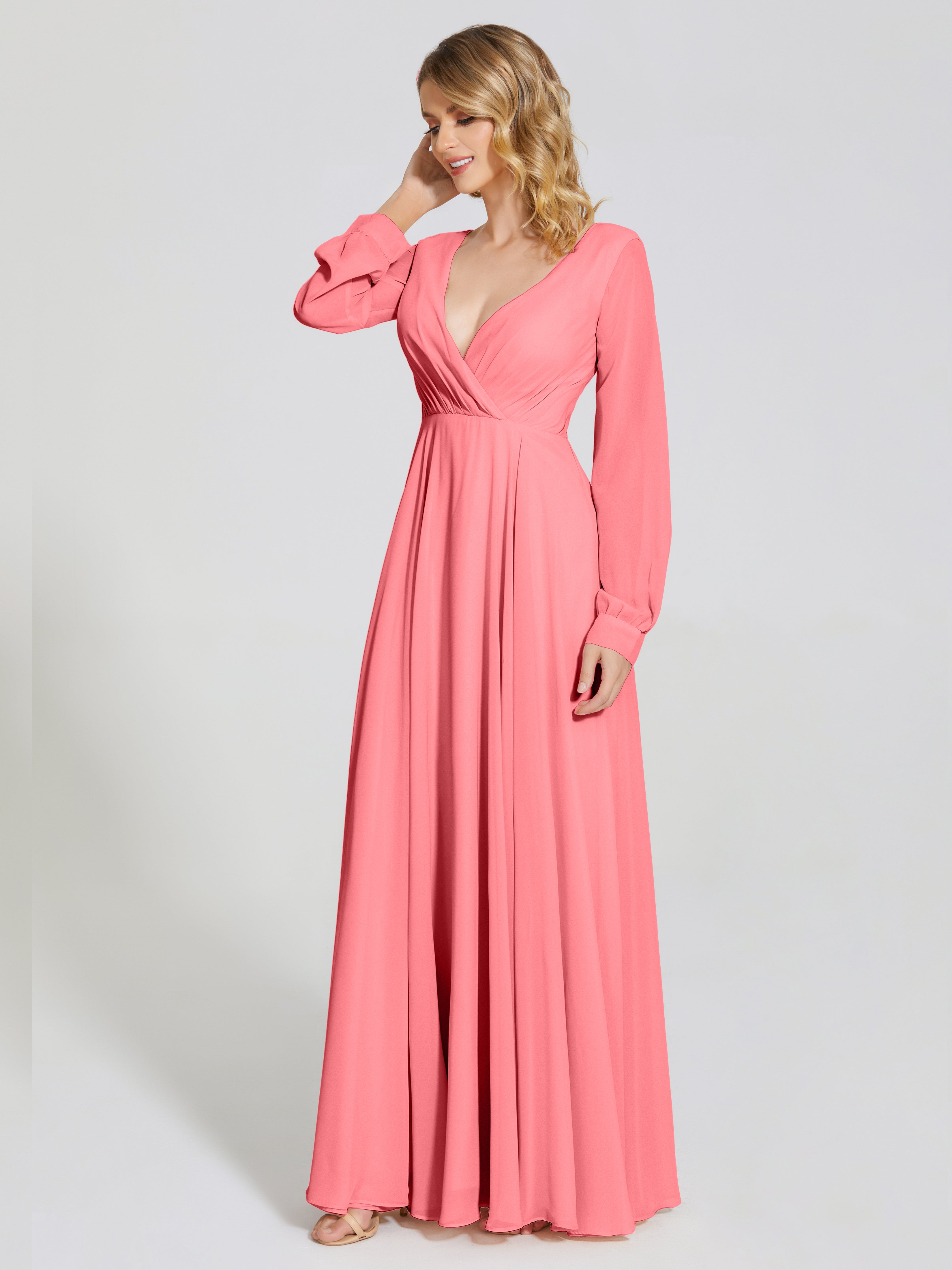 Robes De Demoiselle D'Honneur Pastèque Trapèze Manches Longues Mousseline Robe De Demoiselle D'Honneur