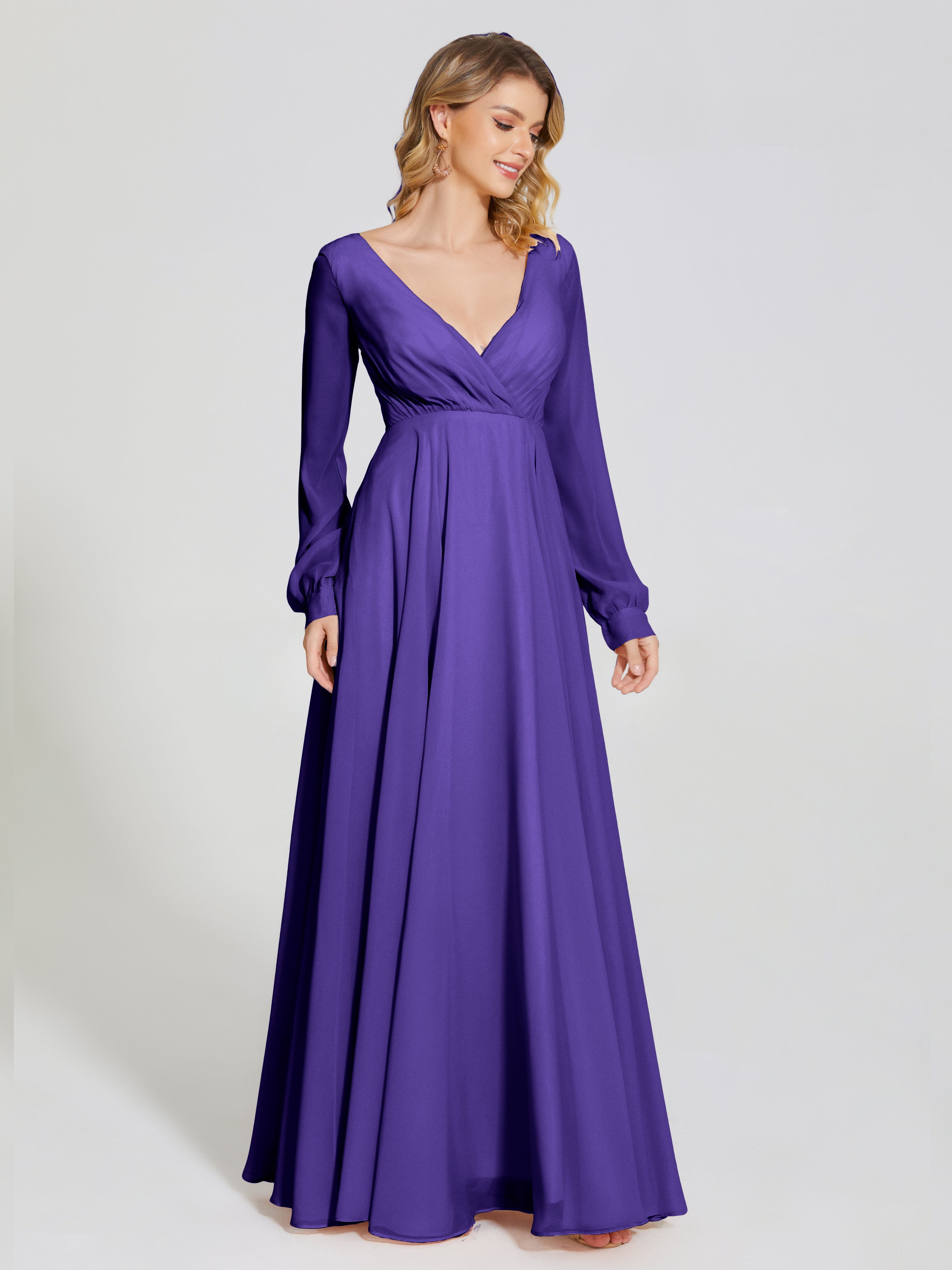 Robes De Demoiselle D'Honneur En Régence Trapèze Manches Longues Mousseline Robe De Demoiselle D'Honneur