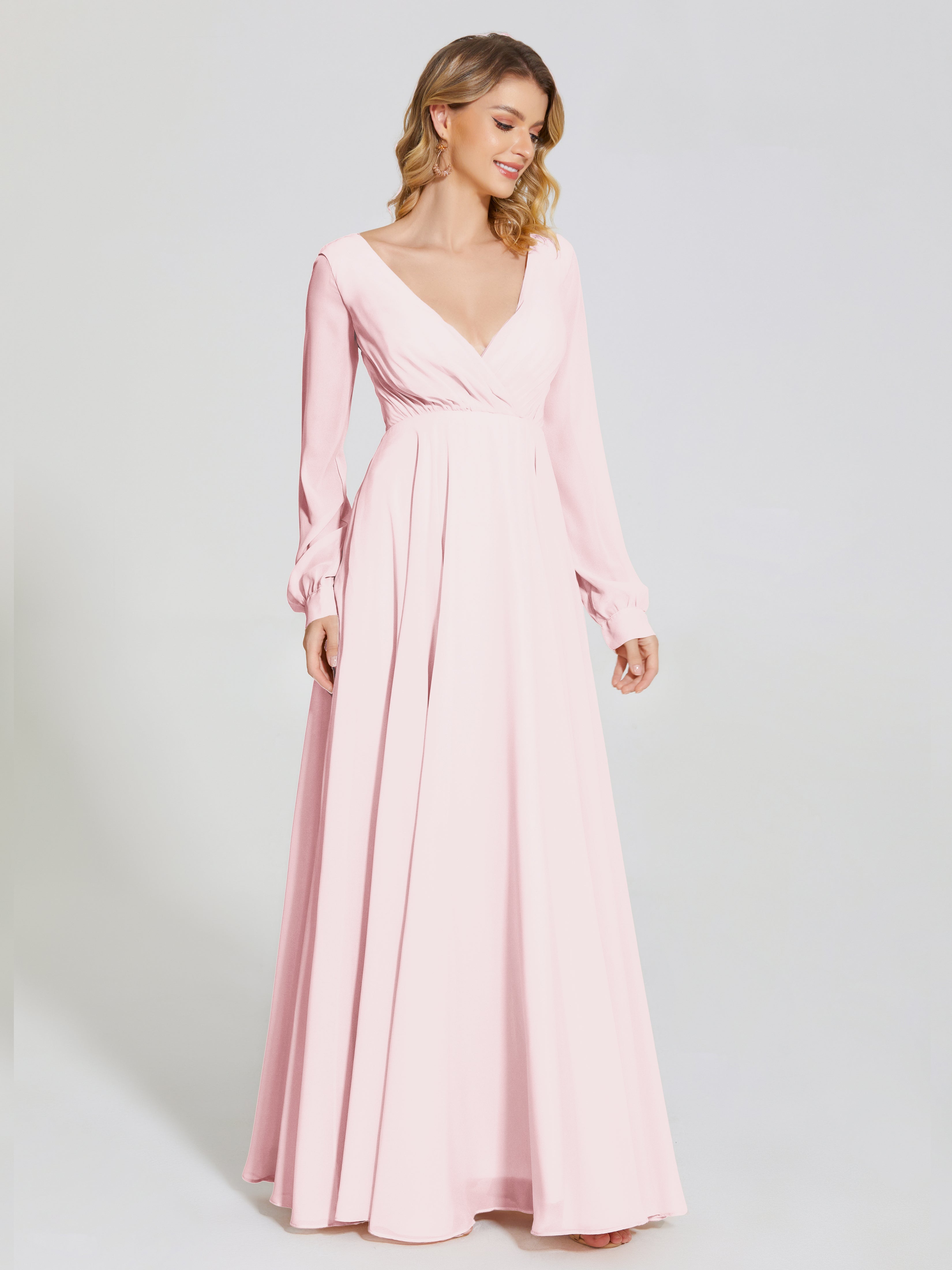 Robe Demoiselle D Honneur Rose Pale Trapèze Manches Longues Mousseline Robe De Demoiselle D'Honneur