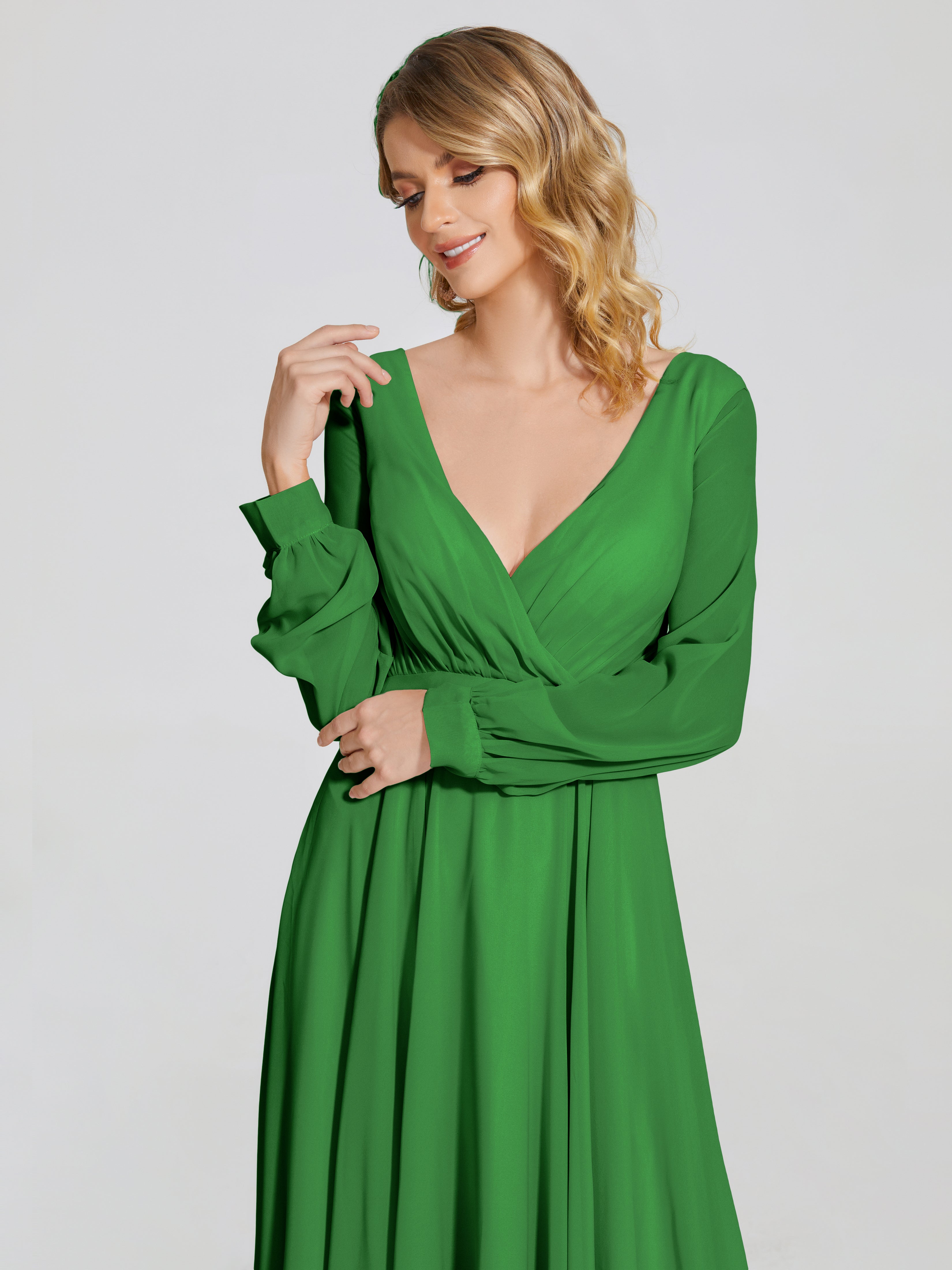 Robes De Demoiselle D'Honneur Vert Forêt Trapèze Manches Longues Mousseline Robe De Demoiselle D'Honneur