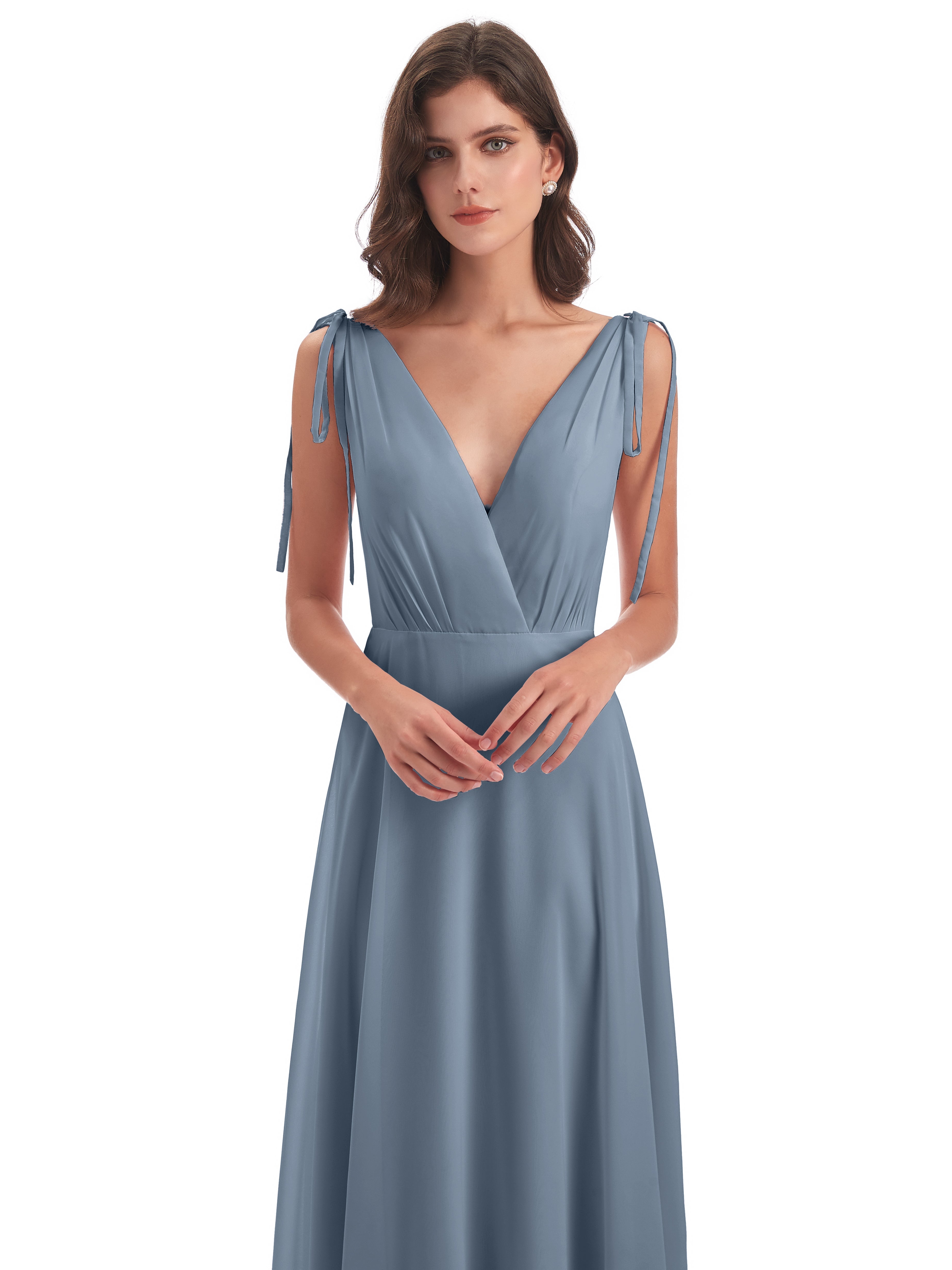 Robe Demoiselle D Honneur Bleu Poussiereux Dos Nu Col V Robes Demoiselle D'Honneur