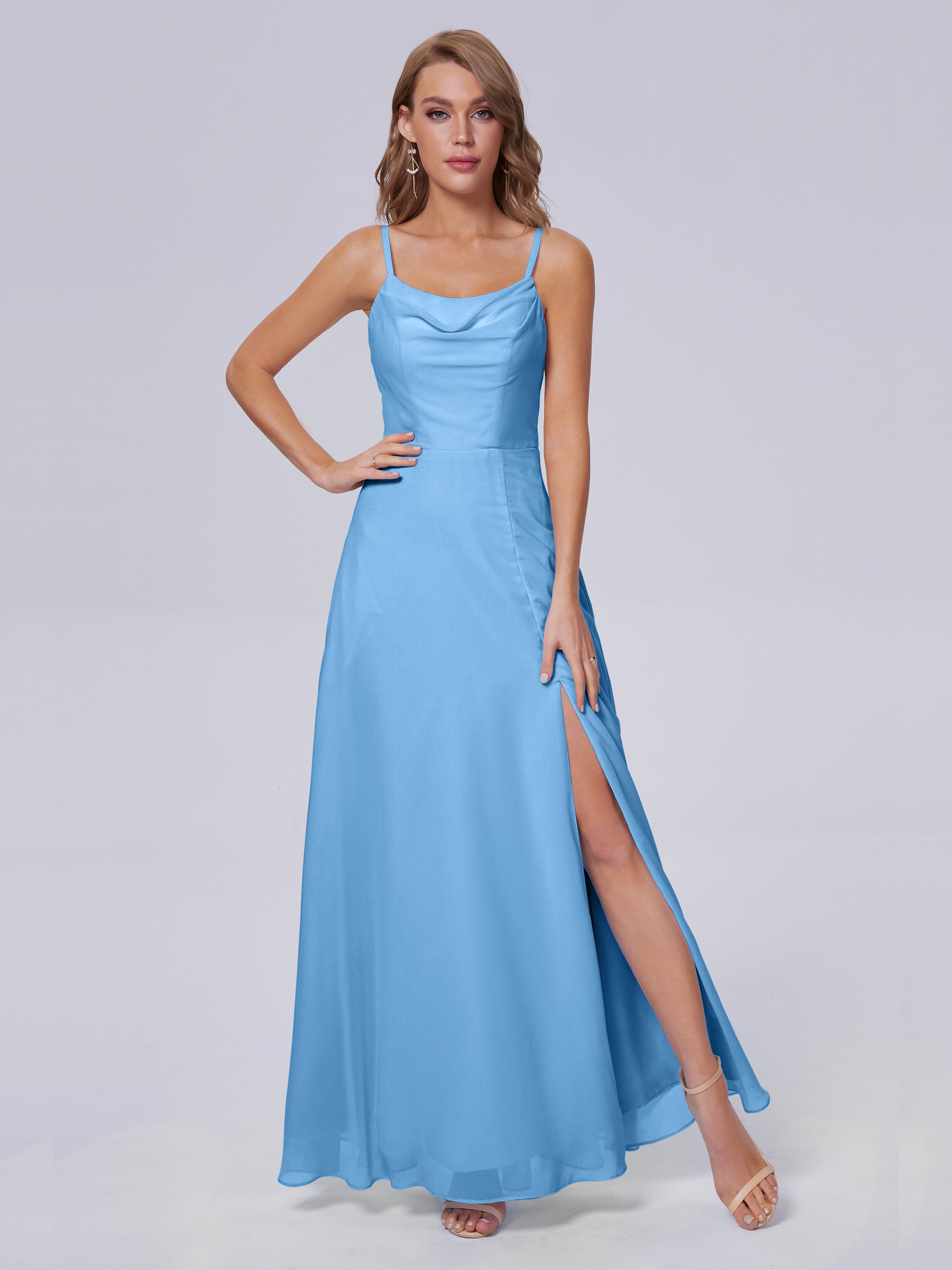 Robe Longue Bleu Demoiselle D Honneur Reese Mignonne Bretelles Spaghetti Mousseline Robes Demoiselle D'Honneur