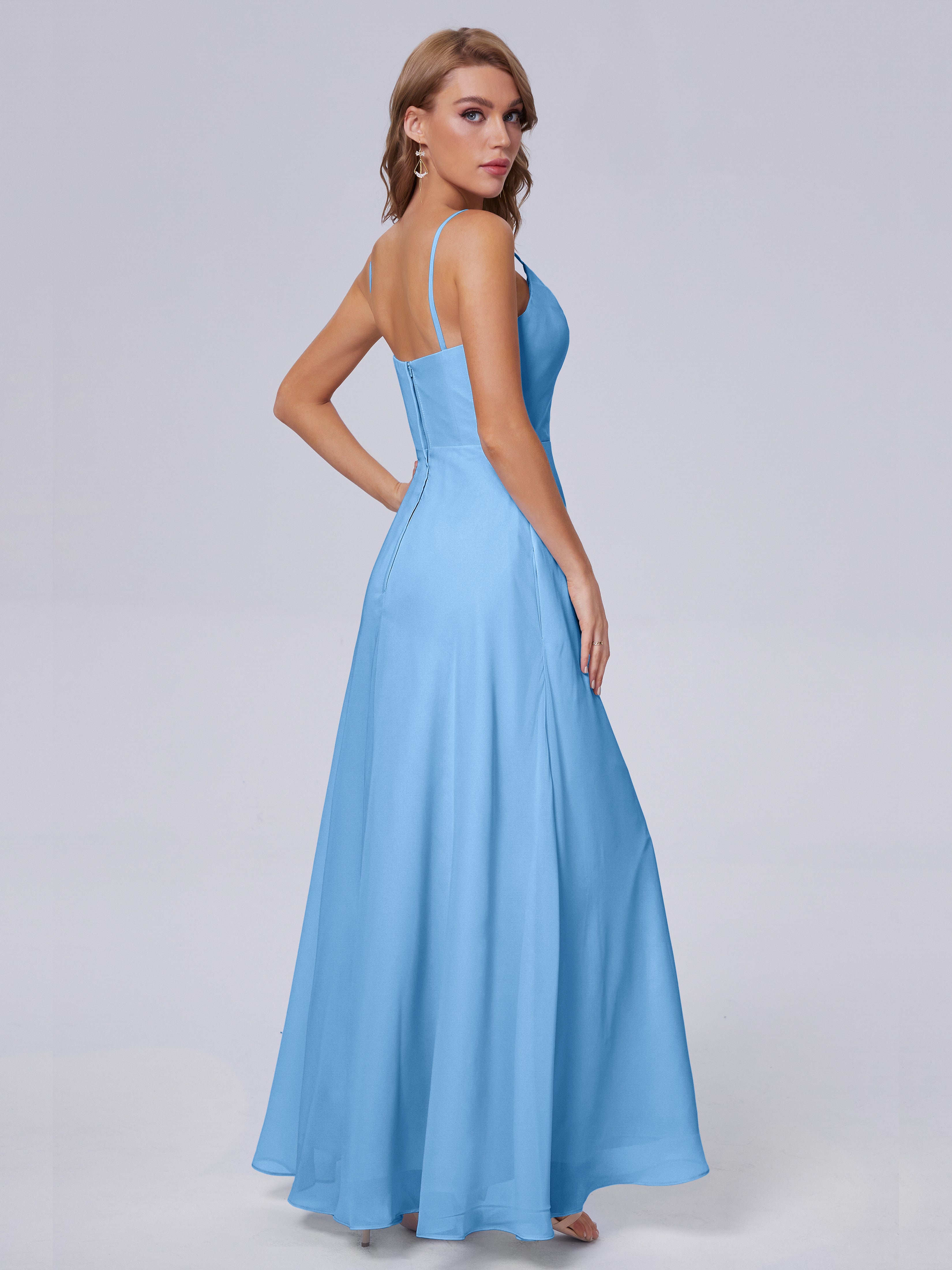 Robe Longue Bleu Demoiselle D Honneur Reese Mignonne Bretelles Spaghetti Mousseline Robes Demoiselle D'Honneur