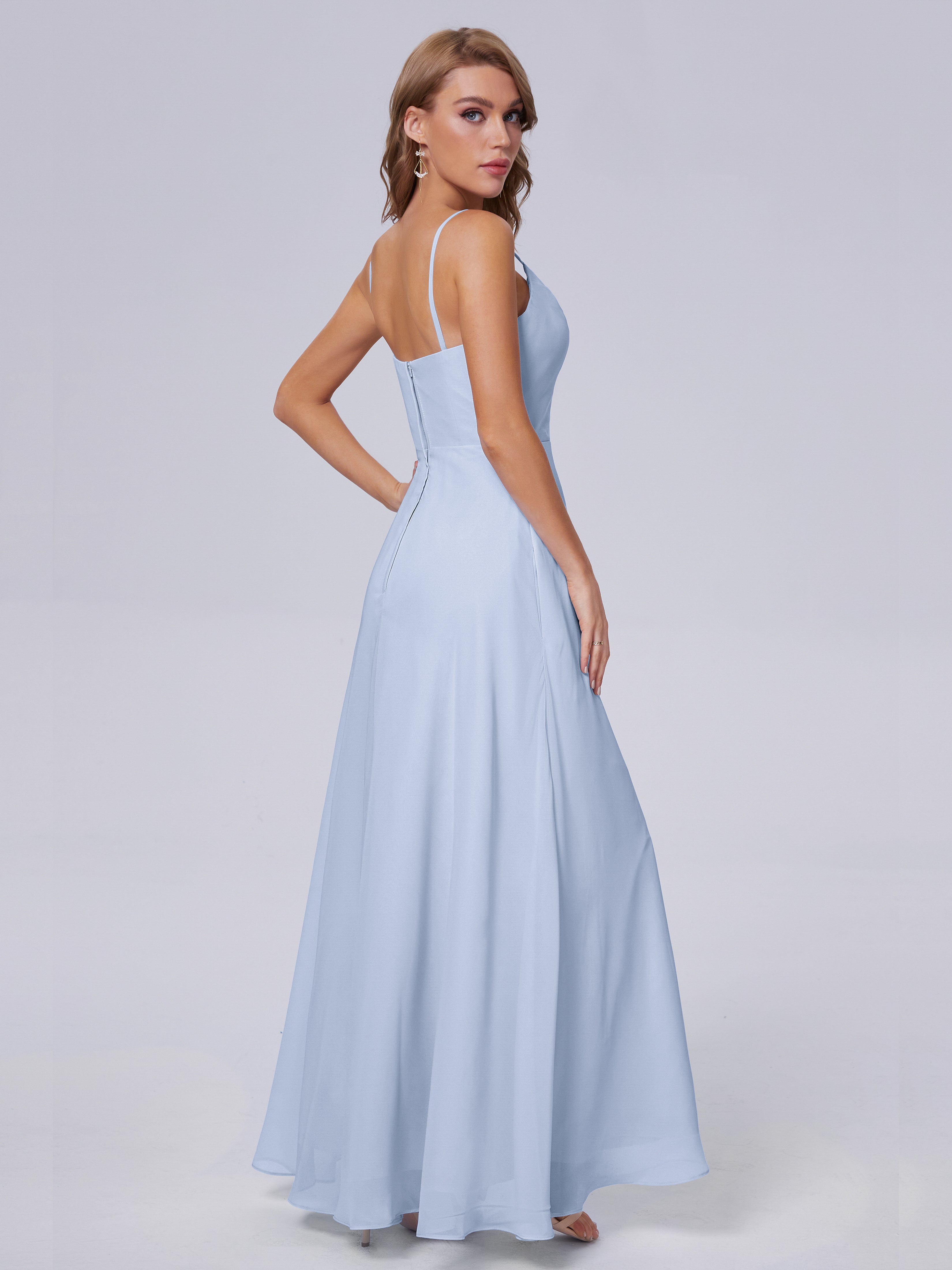 Demoiselle D Honneur Bleu Ciel Reese Mignonne Bretelles Spaghetti Mousseline Robes Demoiselle D'Honneur