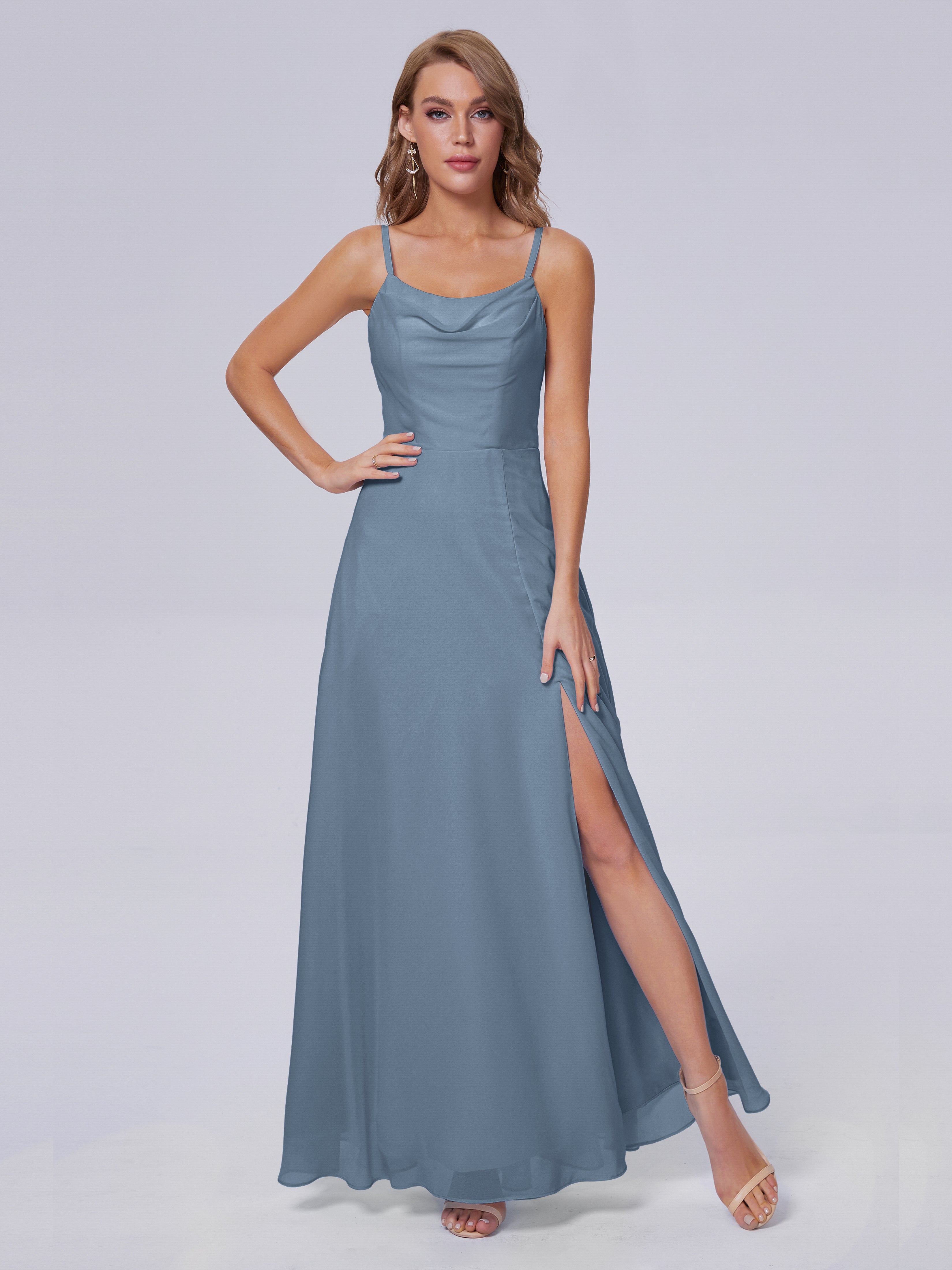 Robes De Demoiselle D'Honneur Bleu De Schiste Reese Mignonne Bretelles Spaghetti Mousseline Robes Demoiselle D'Honneur