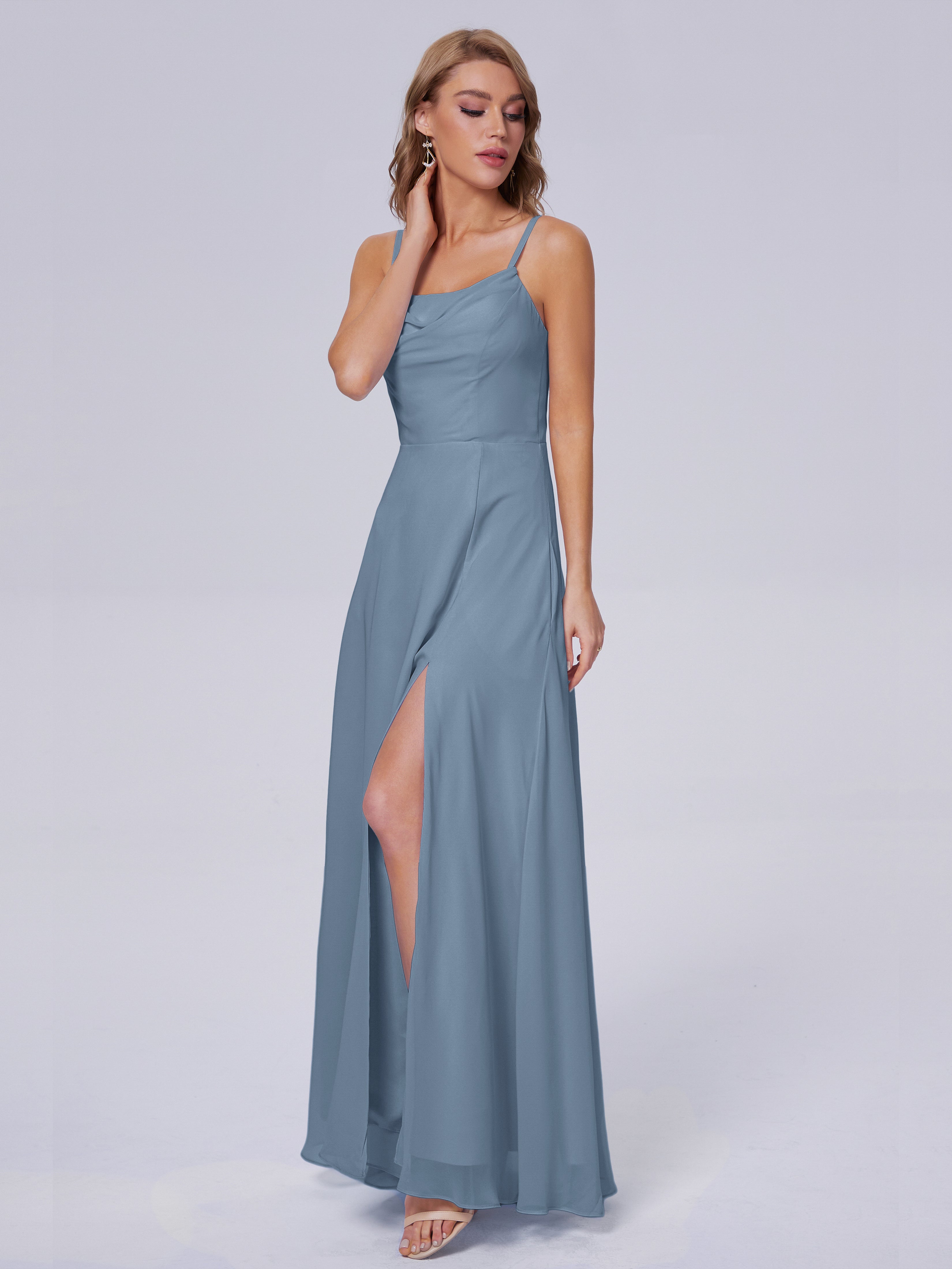 Robes De Demoiselle D'Honneur Bleu De Schiste Reese Mignonne Bretelles Spaghetti Mousseline Robes Demoiselle D'Honneur