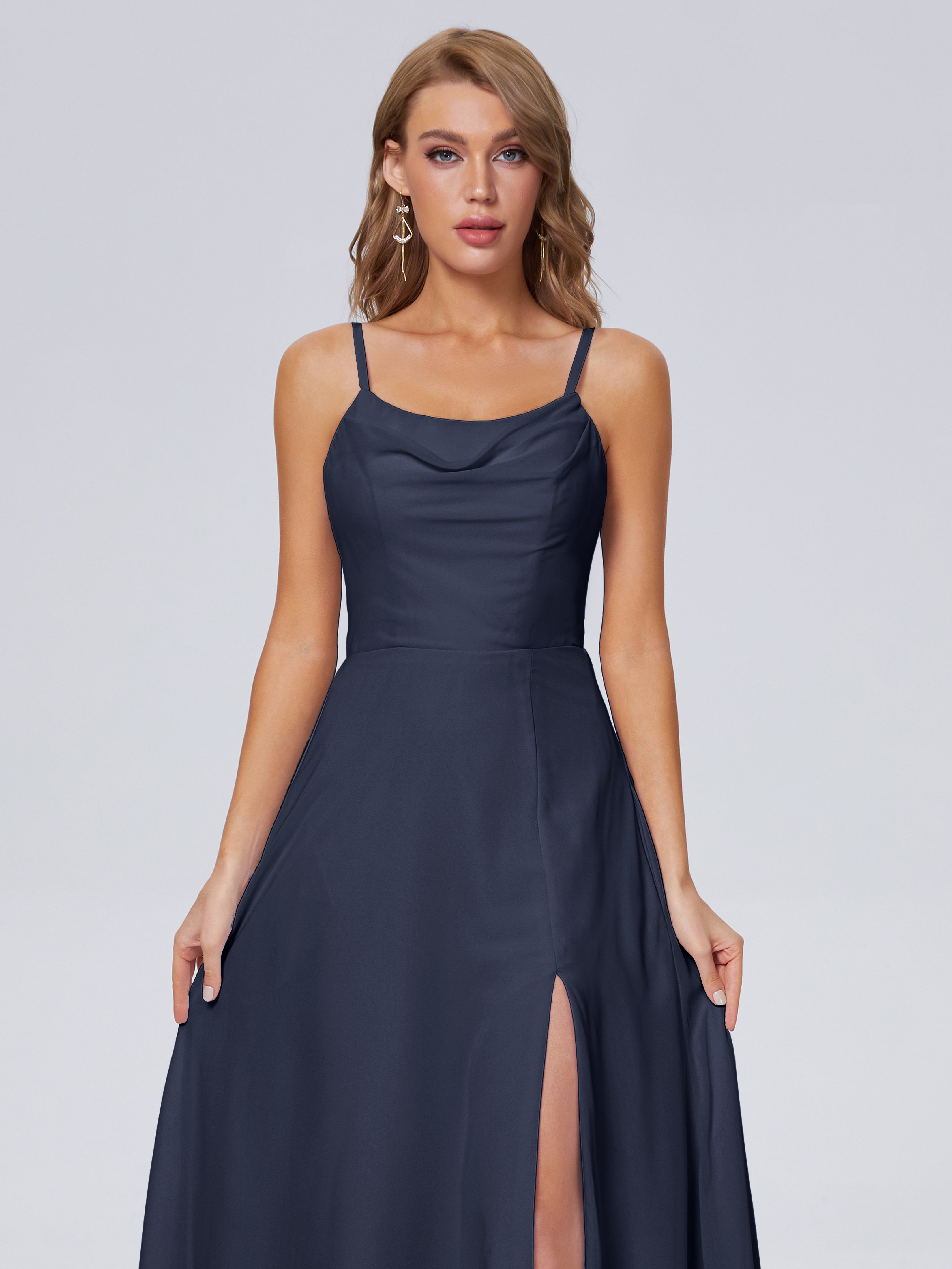 Robes De Demoiselle D'Honneur Bleu Marine Reese Mignonne Bretelles Spaghetti Mousseline Robes Demoiselle D'Honneur