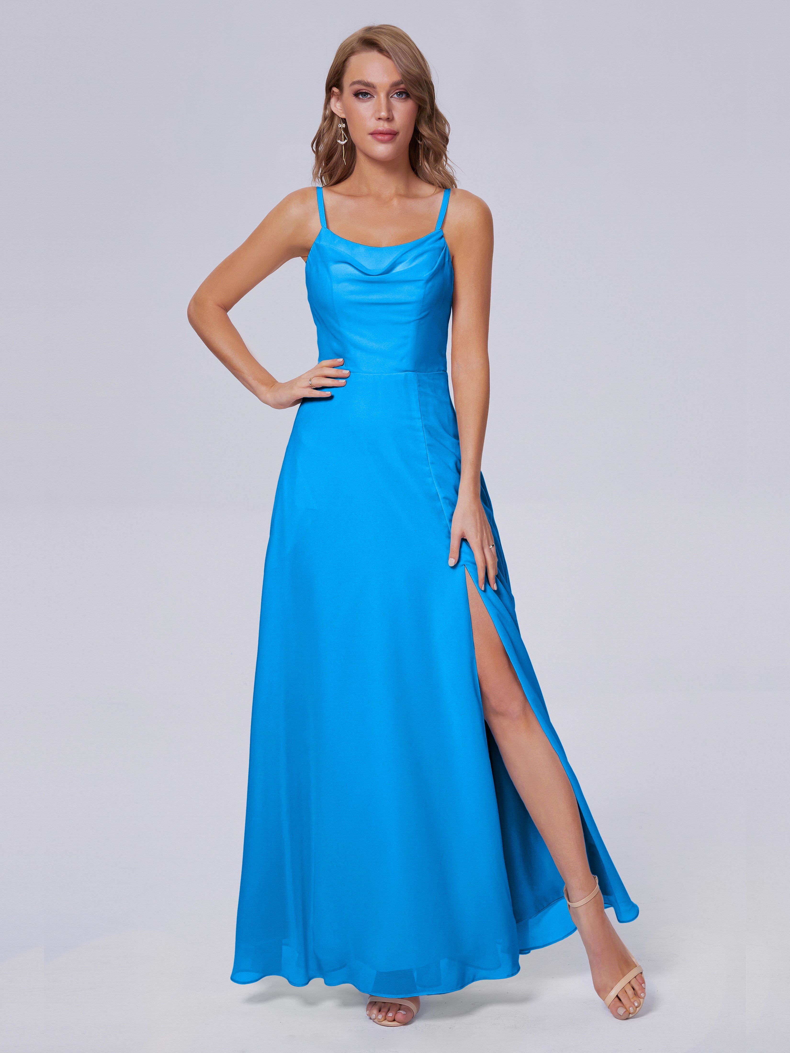 Robes De Demoiselle D'Honneur Bleu Océan Reese Mignonne Bretelles Spaghetti Mousseline Robes Demoiselle D'Honneur