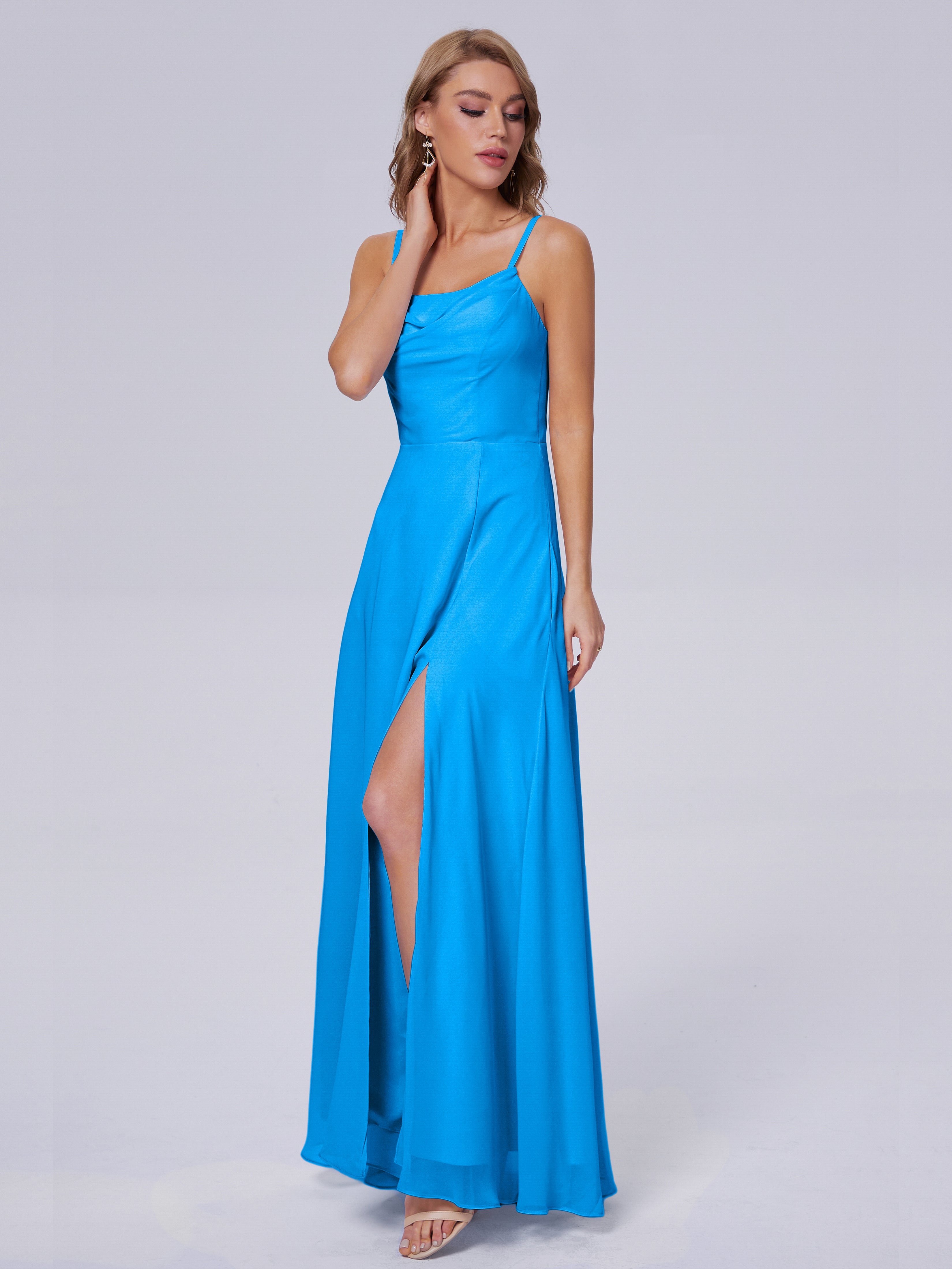 Robes De Demoiselle D'Honneur Bleu Océan Reese Mignonne Bretelles Spaghetti Mousseline Robes Demoiselle D'Honneur