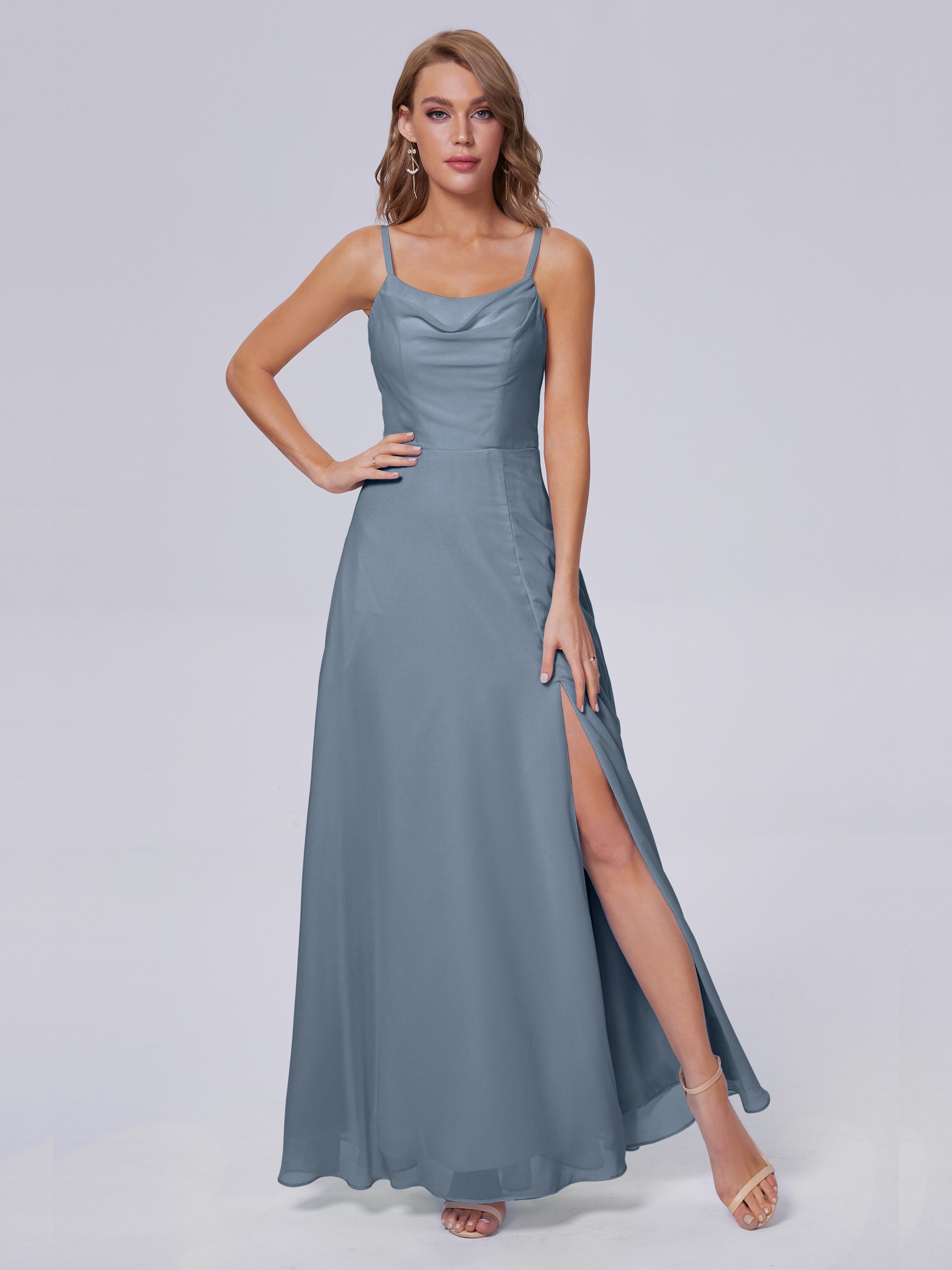 Robe Demoiselle D Honneur Bleu Poussiereux Reese Mignonne Bretelles Spaghetti Mousseline Robes Demoiselle D'Honneur