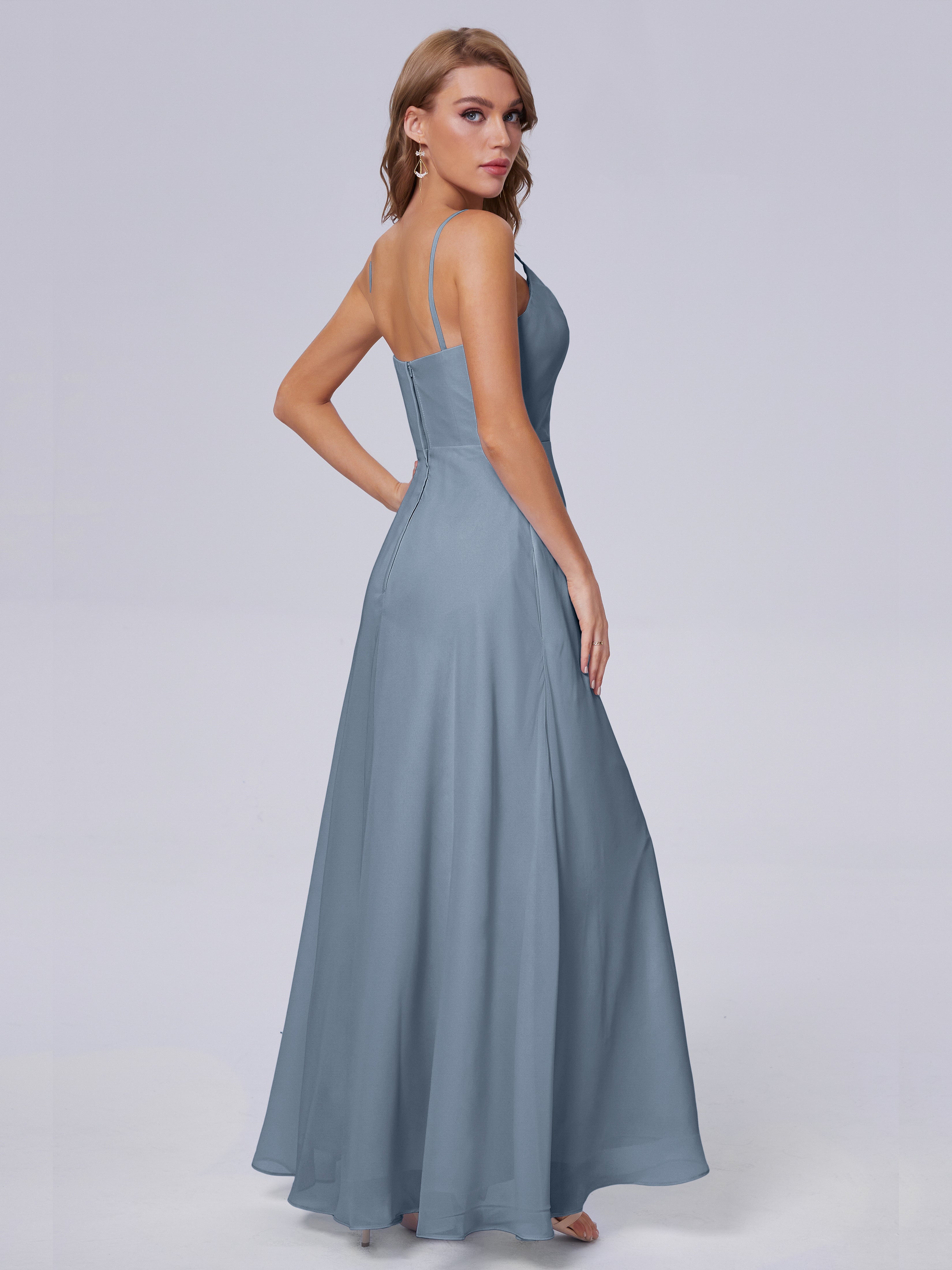 Robe Demoiselle D Honneur Bleu Poussiereux Reese Mignonne Bretelles Spaghetti Mousseline Robes Demoiselle D'Honneur