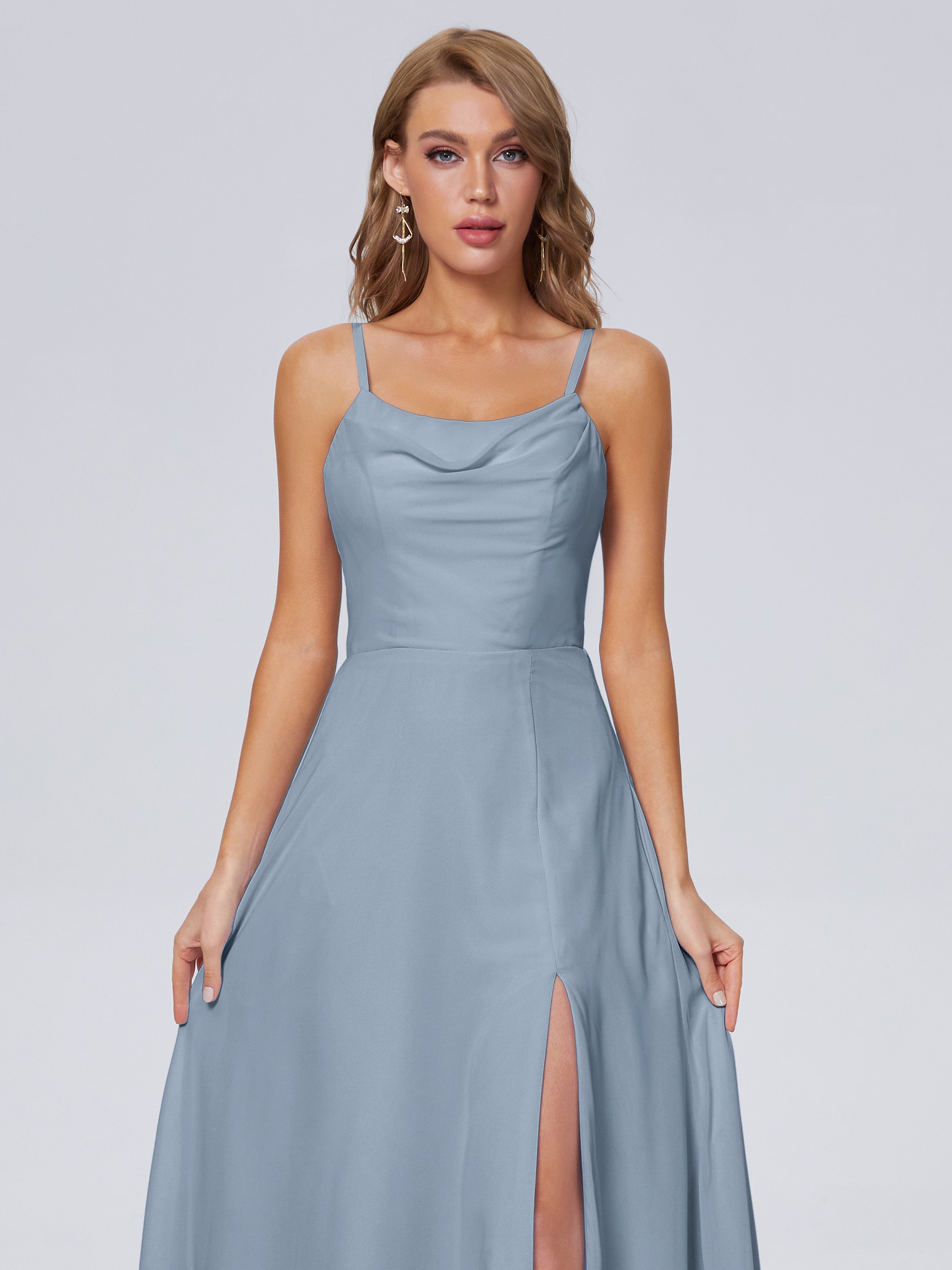Robe Demoiselle D Honneur Bleu Poussiereux Reese Mignonne Bretelles Spaghetti Mousseline Robes Demoiselle D'Honneur