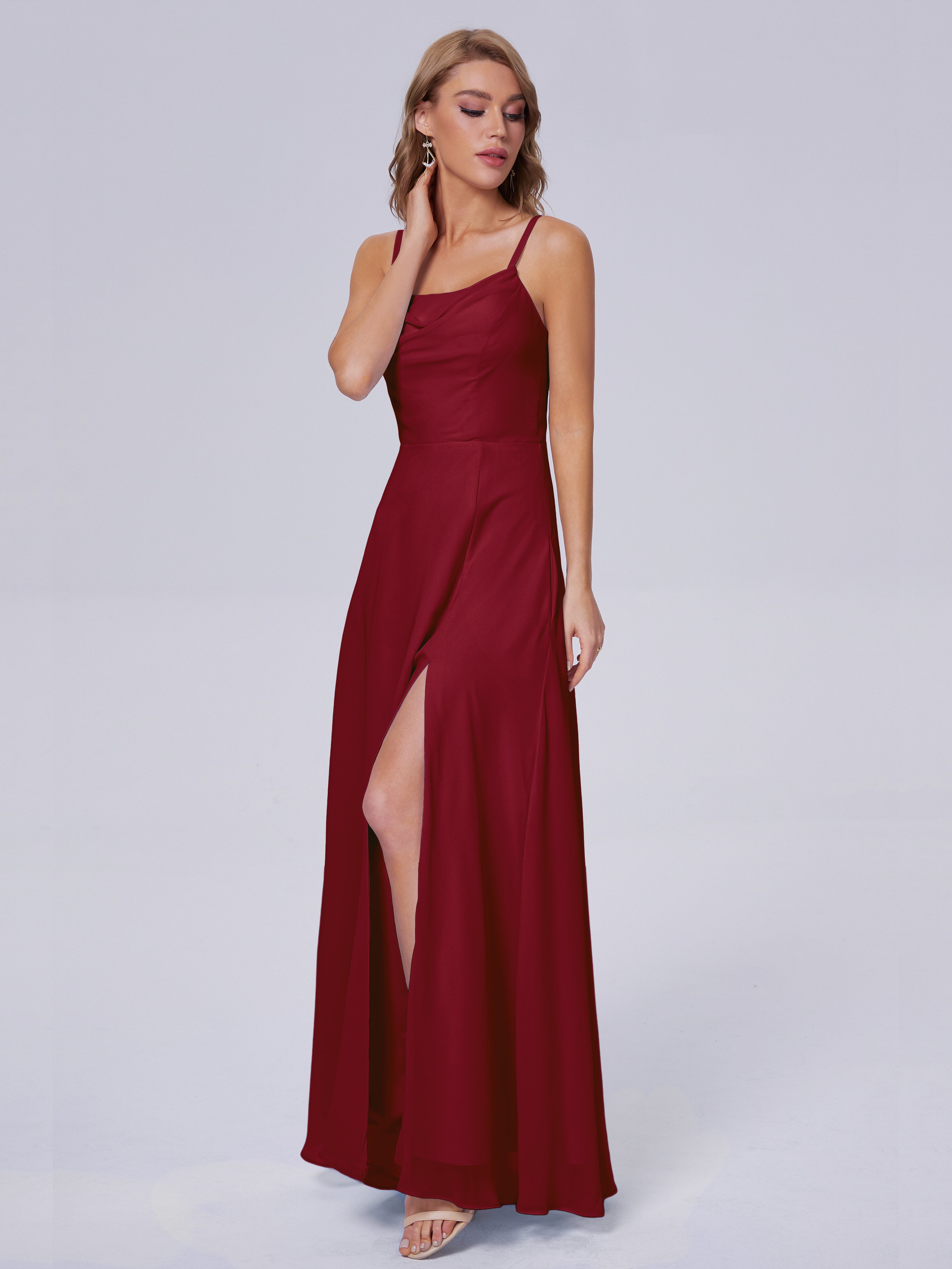 Robes De Demoiselle D'Honneur Bordeaux Longues Reese Mignonne Bretelles Spaghetti Mousseline Robes Demoiselle D'Honneur